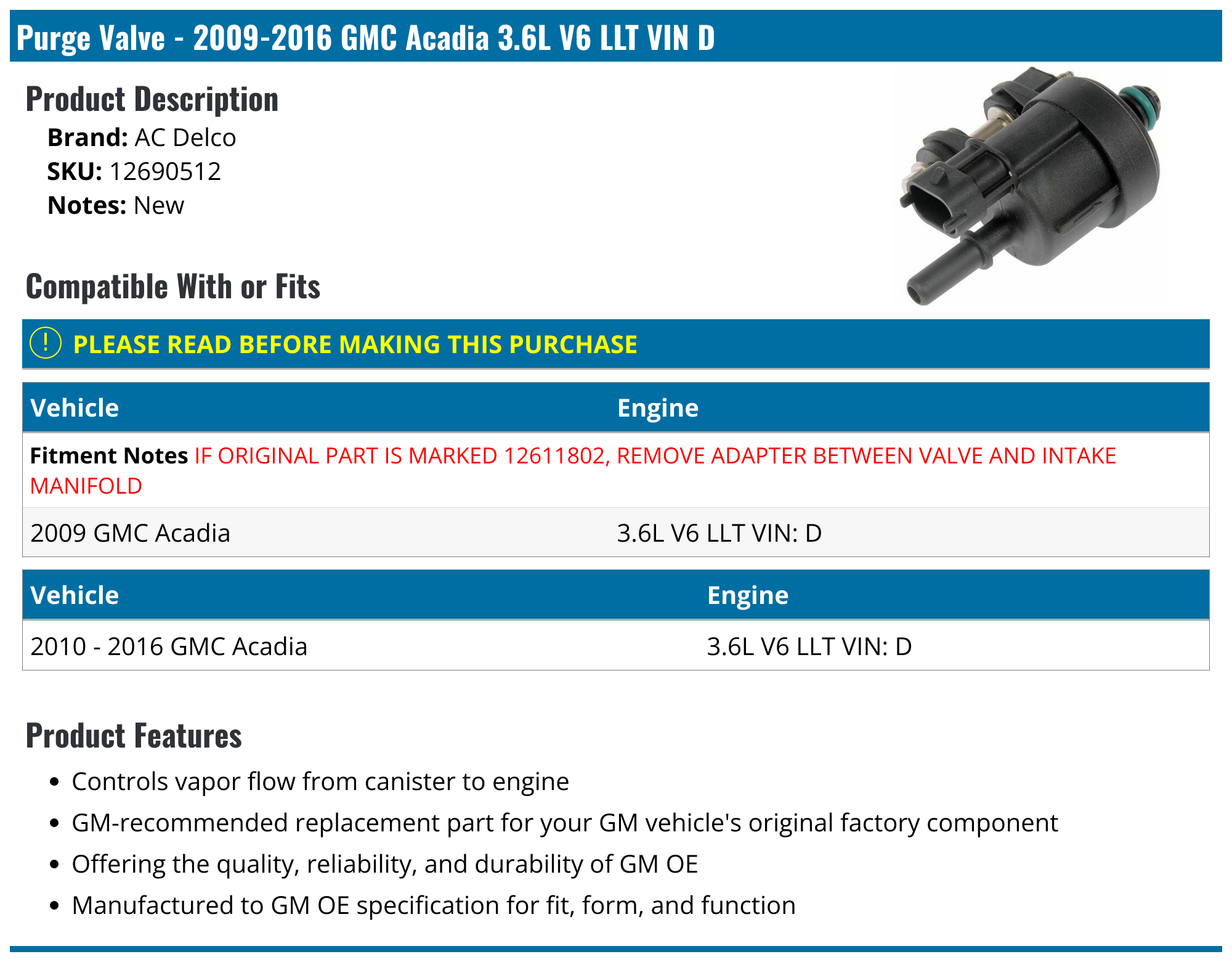 20092016 GMC Acadia Purge Valve AC Delco 12690512