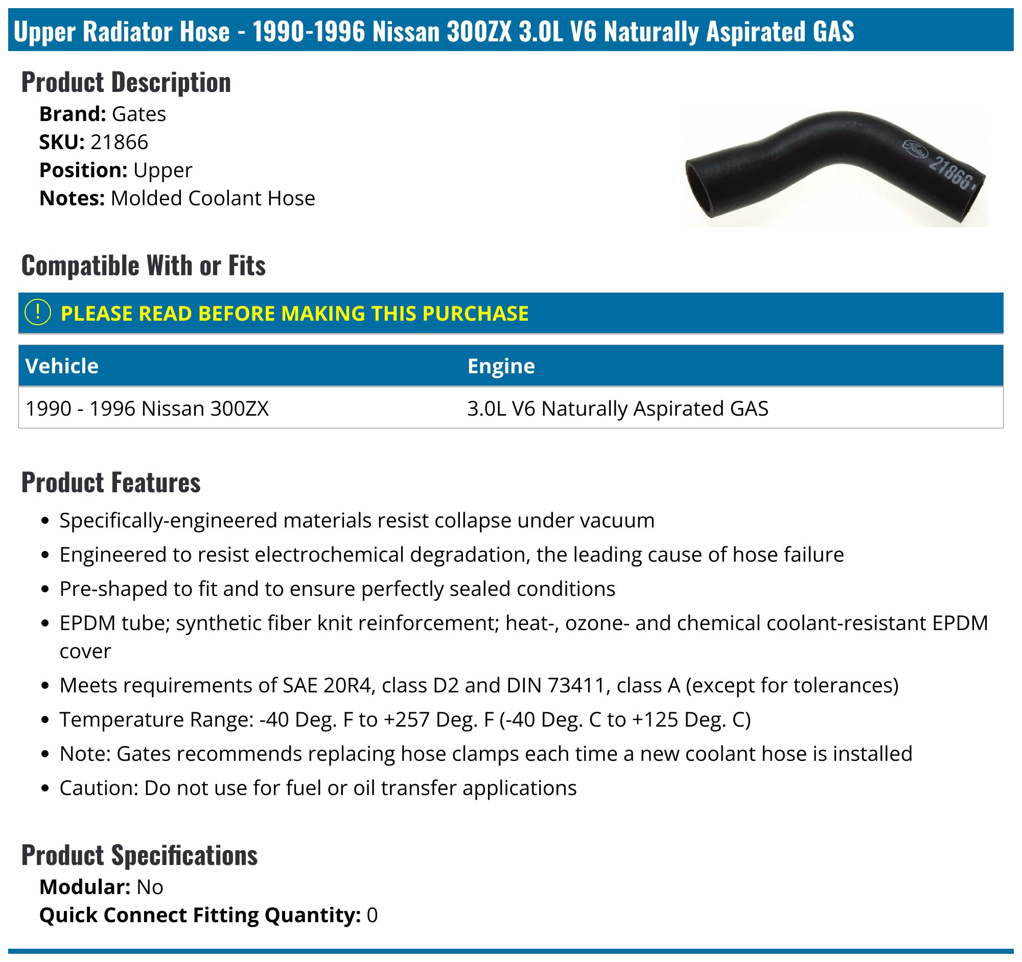 1990-1996 Nissan 300ZX Radiator Hose - Gates 21866 - Upper