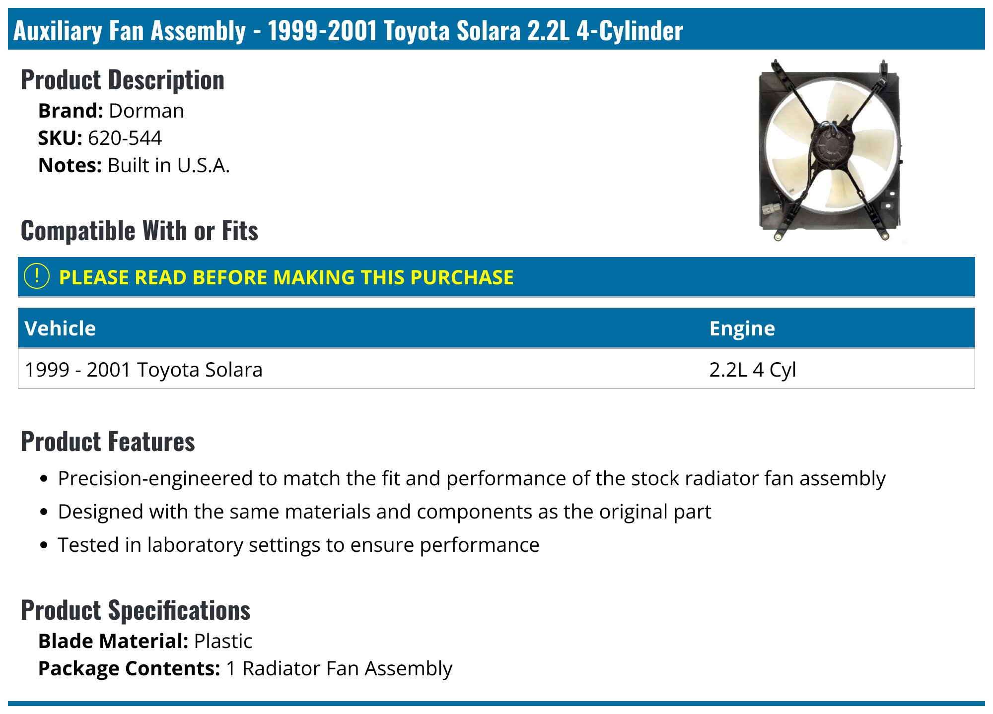 1999-2001 Toyota Solara Radiator Fan Assembly - Dorman 620-544