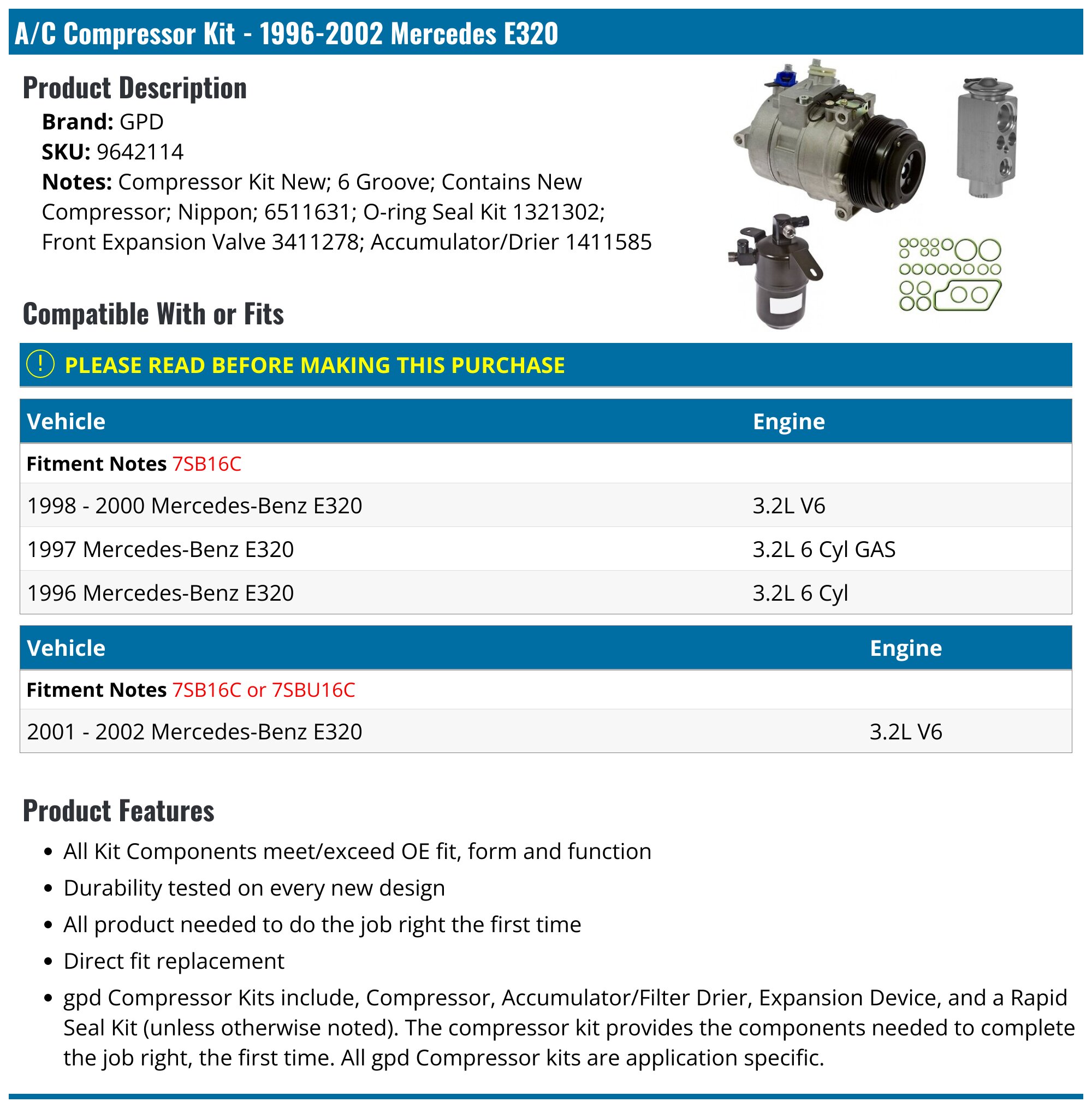 A/C Compressor With Clutch Replacement For Mercedes-Benz E320 & ML320 3.2L (1996-2002) - 5/10 Year Warranty