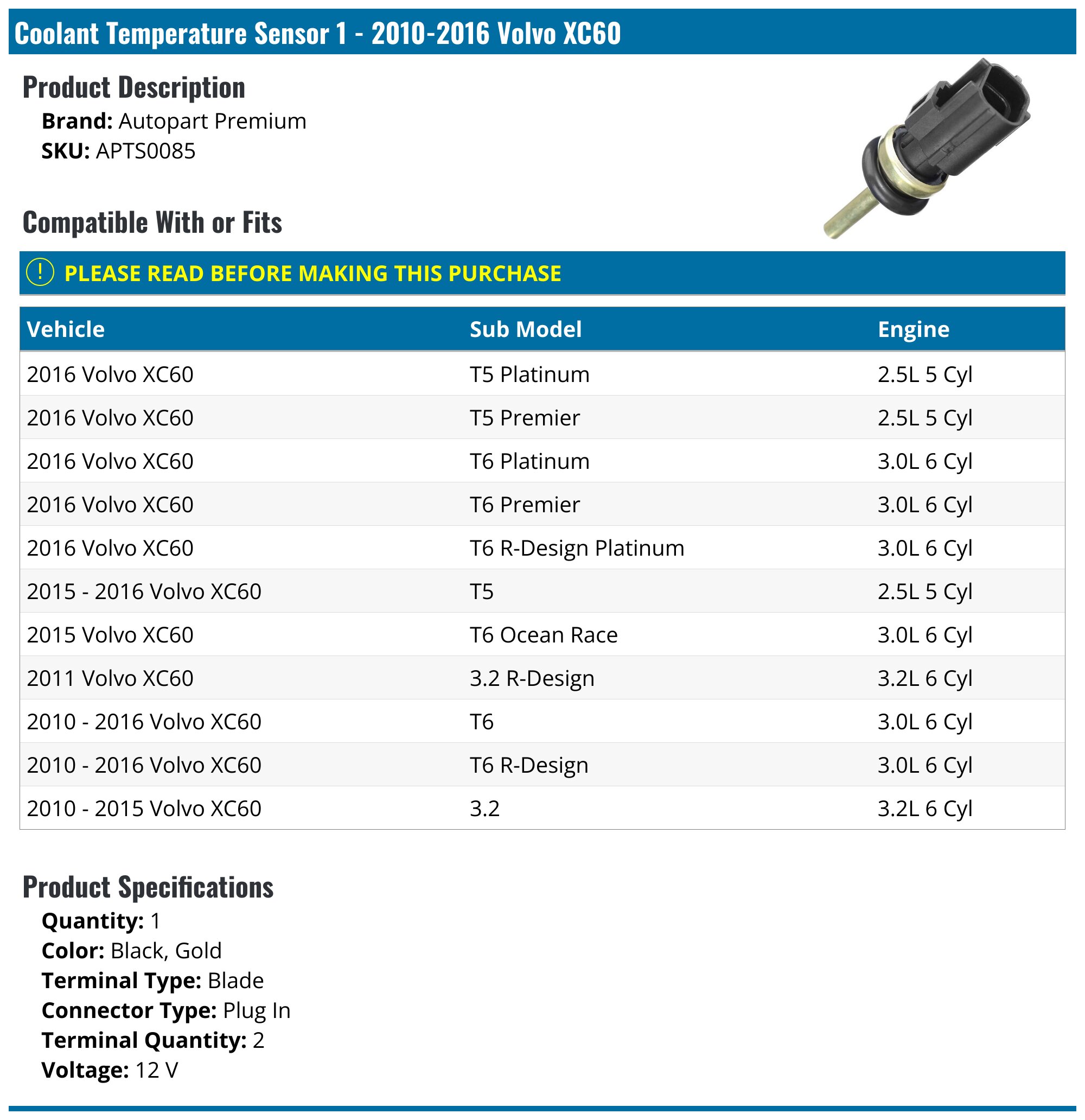 2010-2016 Volvo XC60 Coolant Temperature Sensor - Autopart Premium