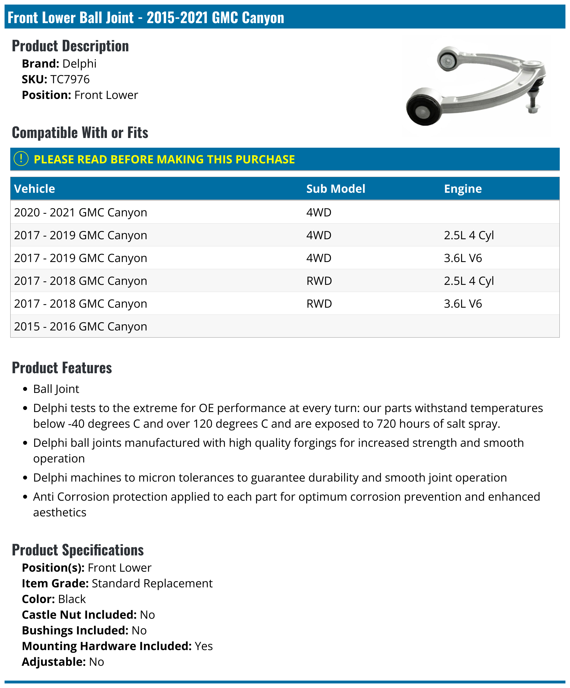 20152022 GMC Canyon Ball Joint Delphi TC7976 Front Lower
