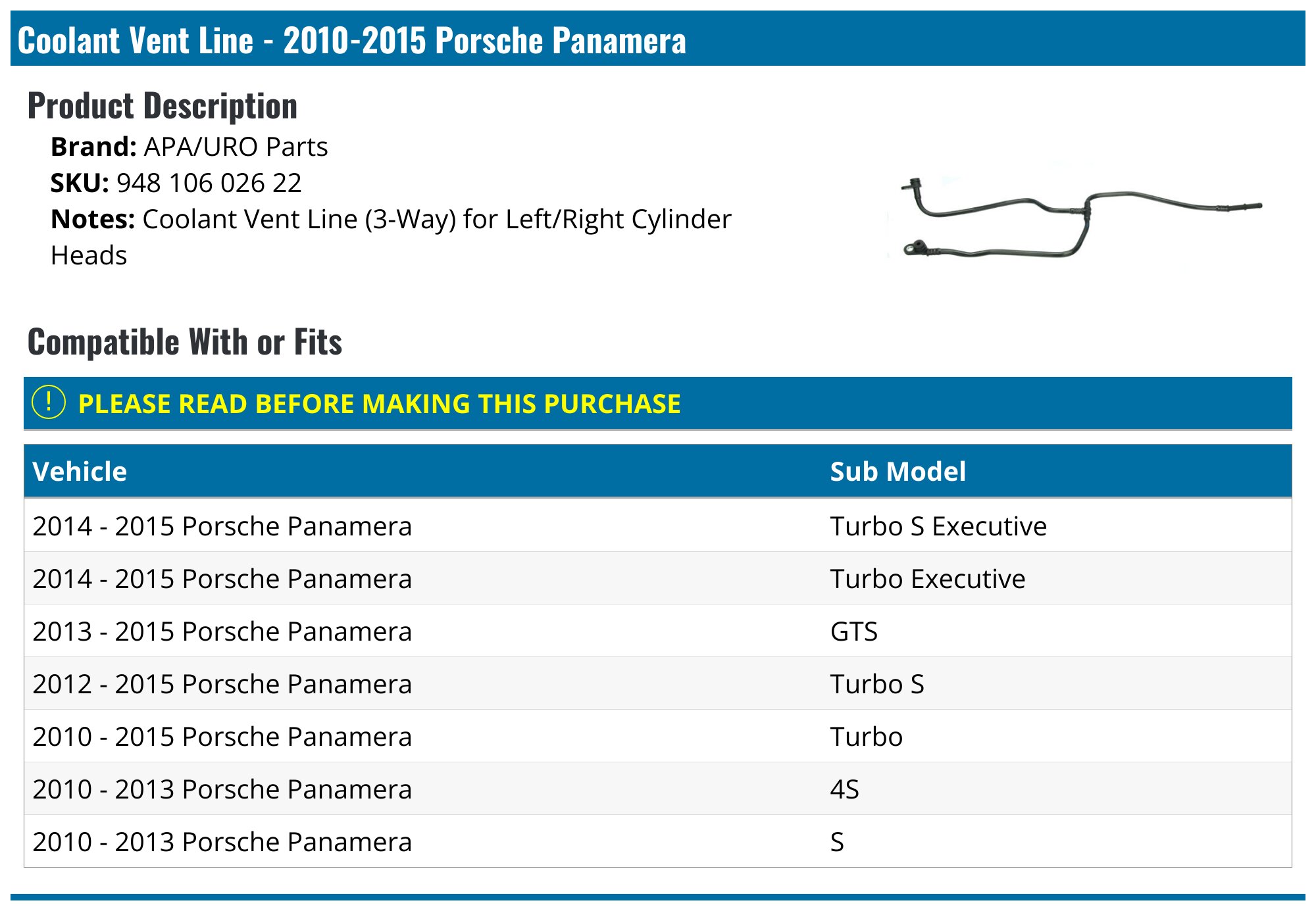 Coolant Vent Line Hose For Porsche Panamera 2007-2016 & Cayenne 2011-2018 – OE 94810602622