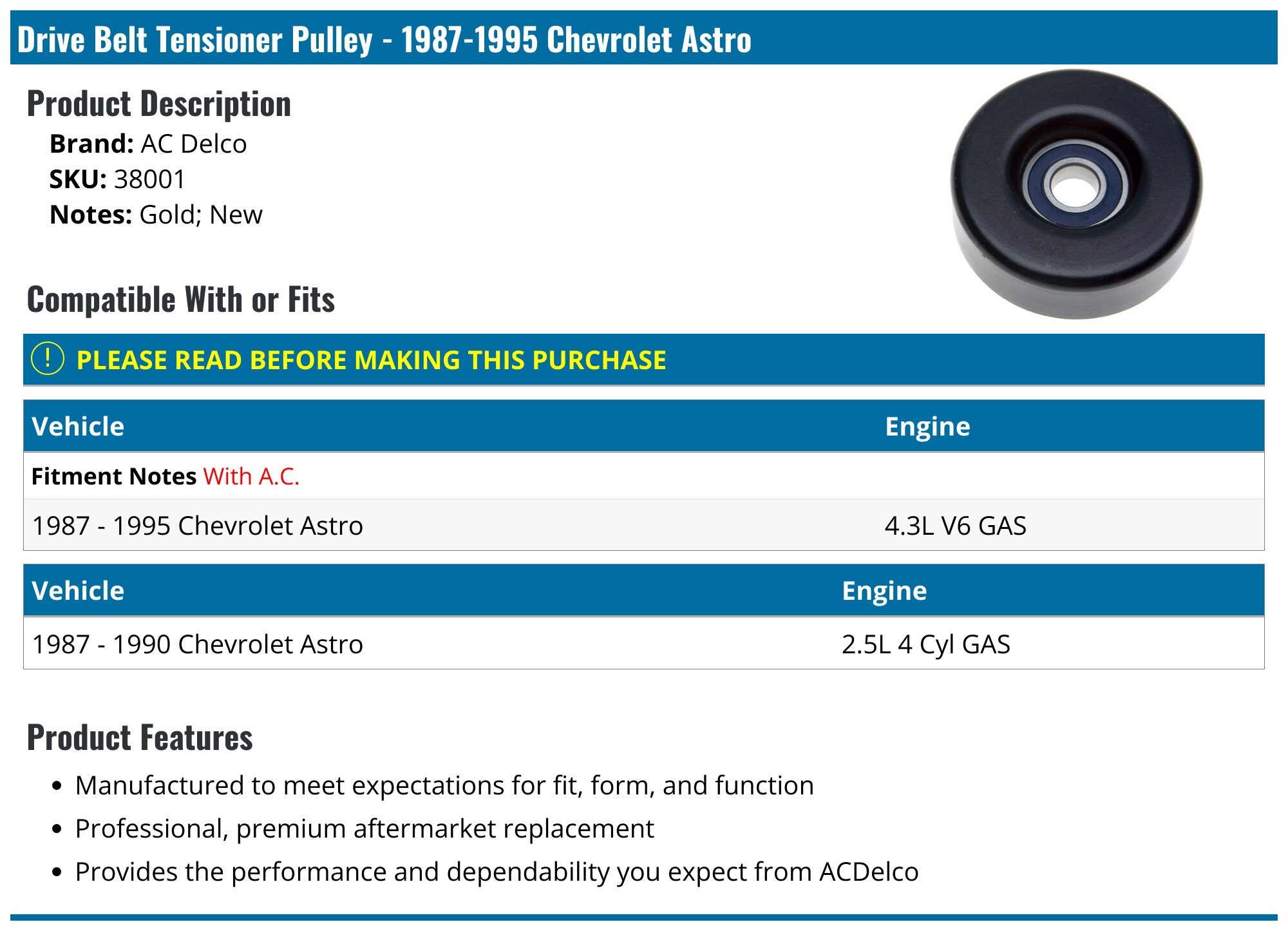 Binopoly 38001 Belt Tensioner/Idler Pulley - Replacement For GM/Ford Vehicles (Fits OE# 12580773, Etc.)