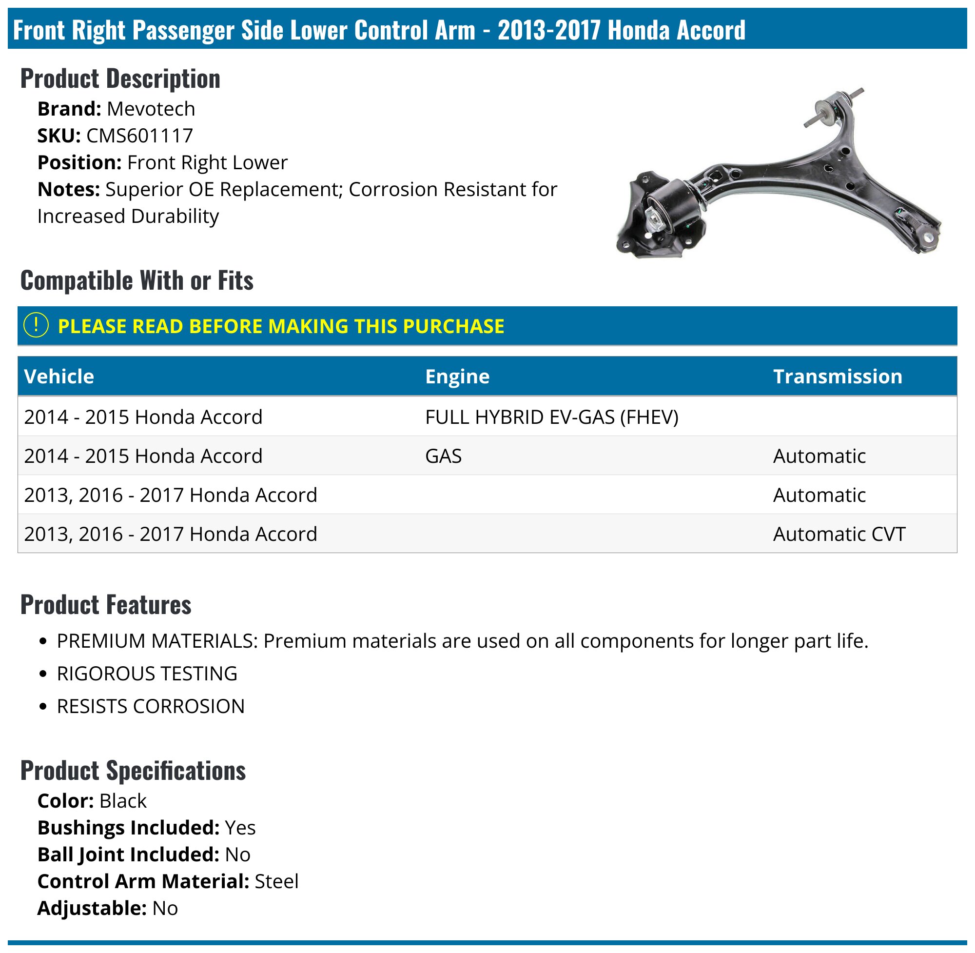 Front Passenger Side Right Lower Control Arm Fit For 2013-2017