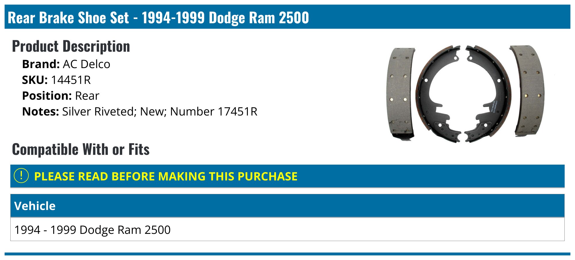 19941999 Dodge Ram 2500 Brake Shoe Set AC Delco 14451R Rear