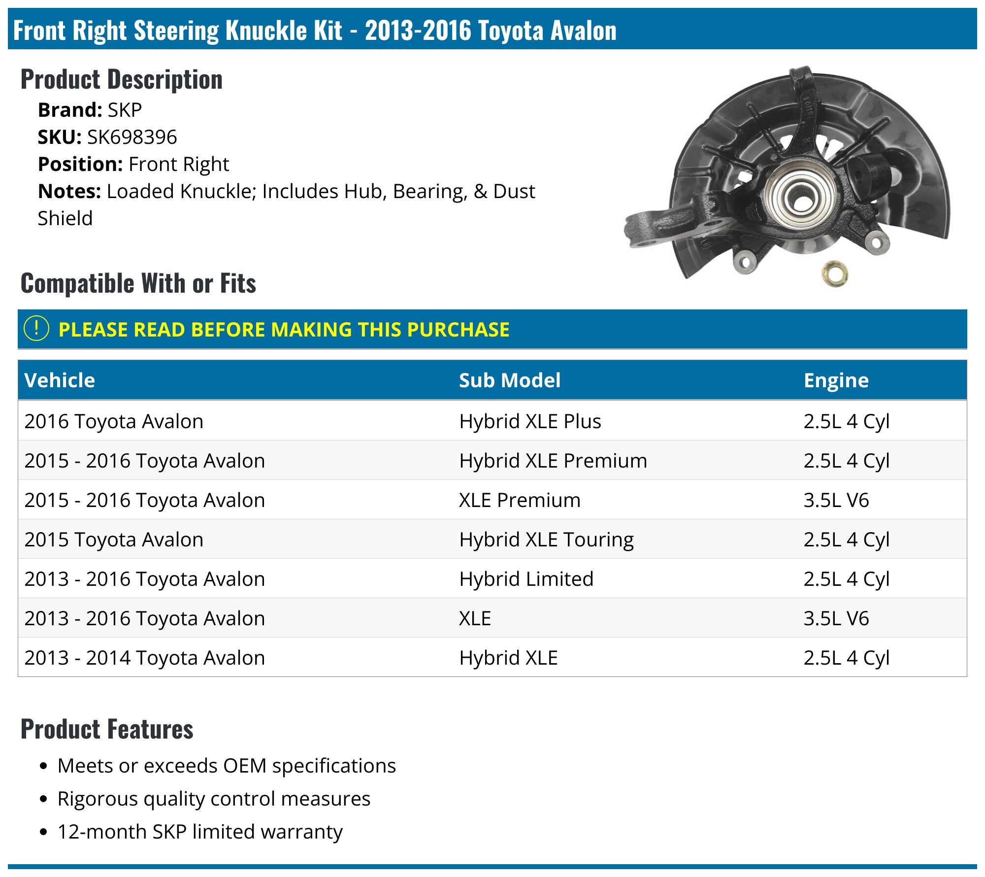 42305-0R020 42305-42020 698153 Steering Knuckle Fits Toyota RAV4 2.5L 3