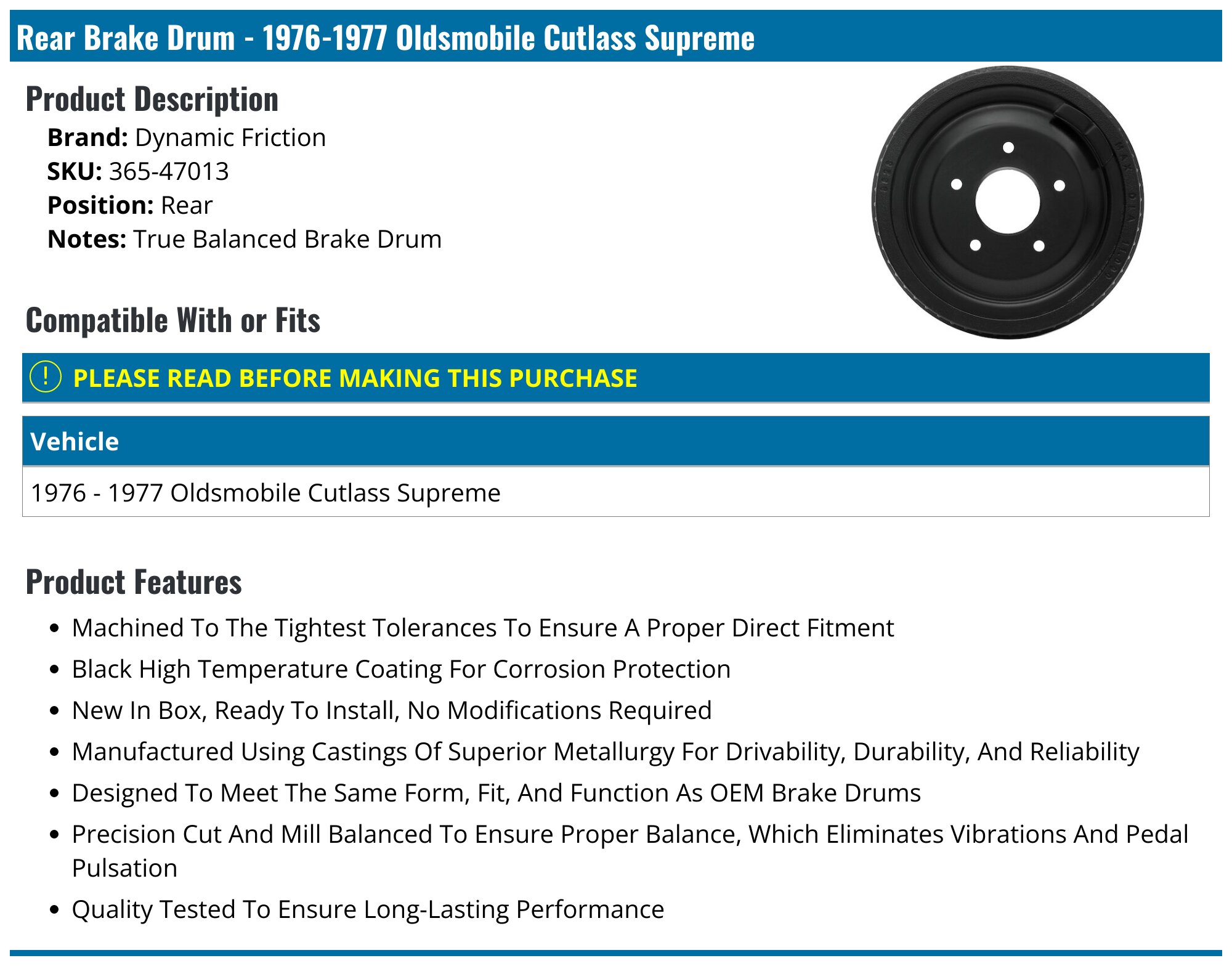 19761977 Oldsmobile Cutlass Supreme Brake Drum Dynamic Friction 365