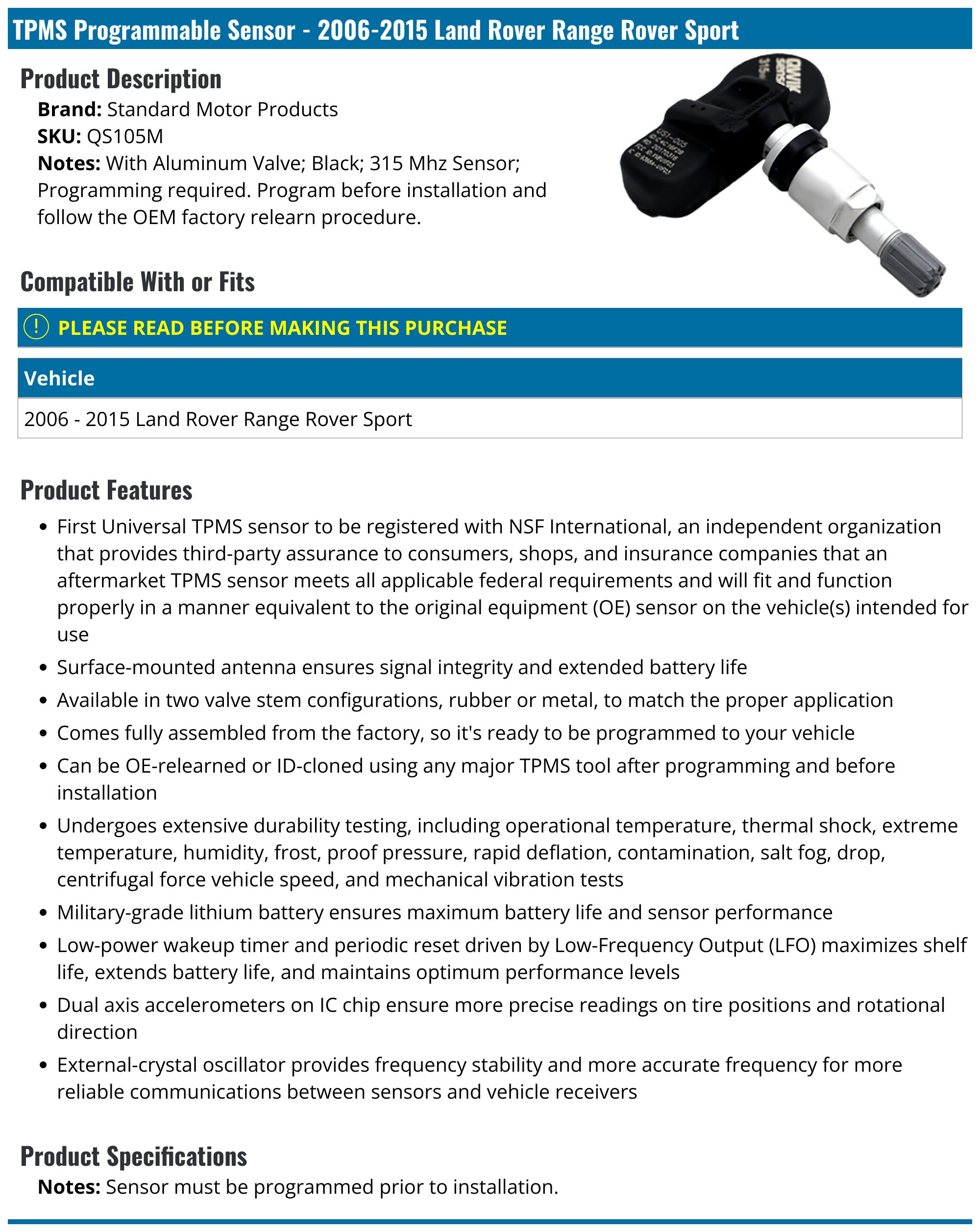 TPMS Tire Pressure Sensor For 2006-2009 Land Rover Range Rover Hse Sport Lr3 315mhz 1161993