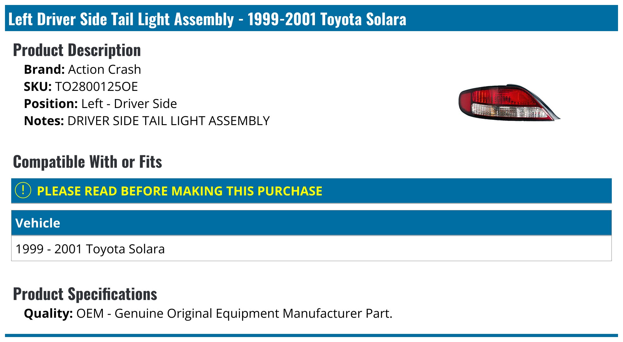 Corner Parking Signal Light – Right Passenger Side – For 1999-2001 Toyota Solara, Clear Lens Chrome Housing, Halogen