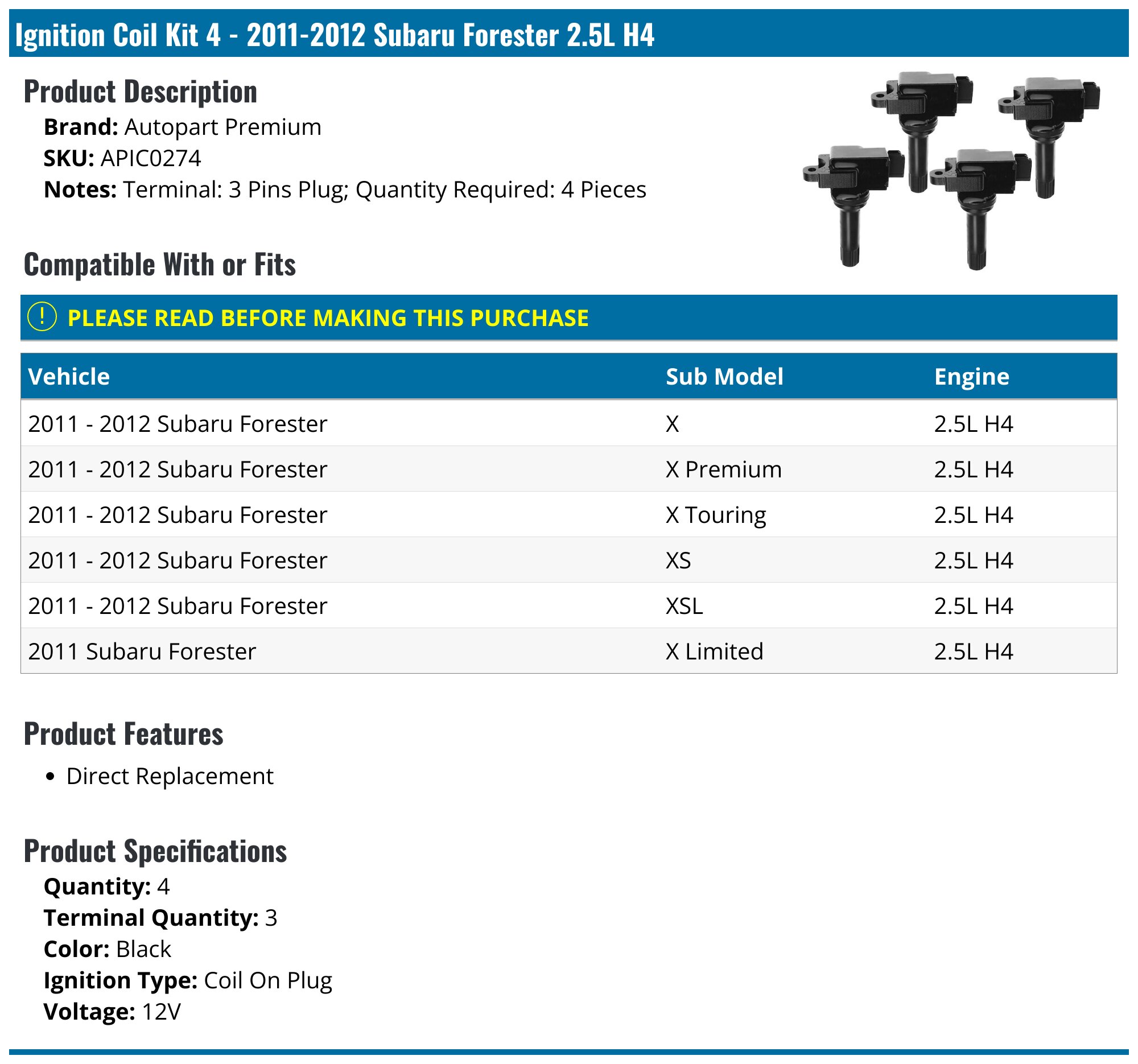 4 Ignition Coils Pack UF664 For 2011-2012 Subaru Forester 2.5L