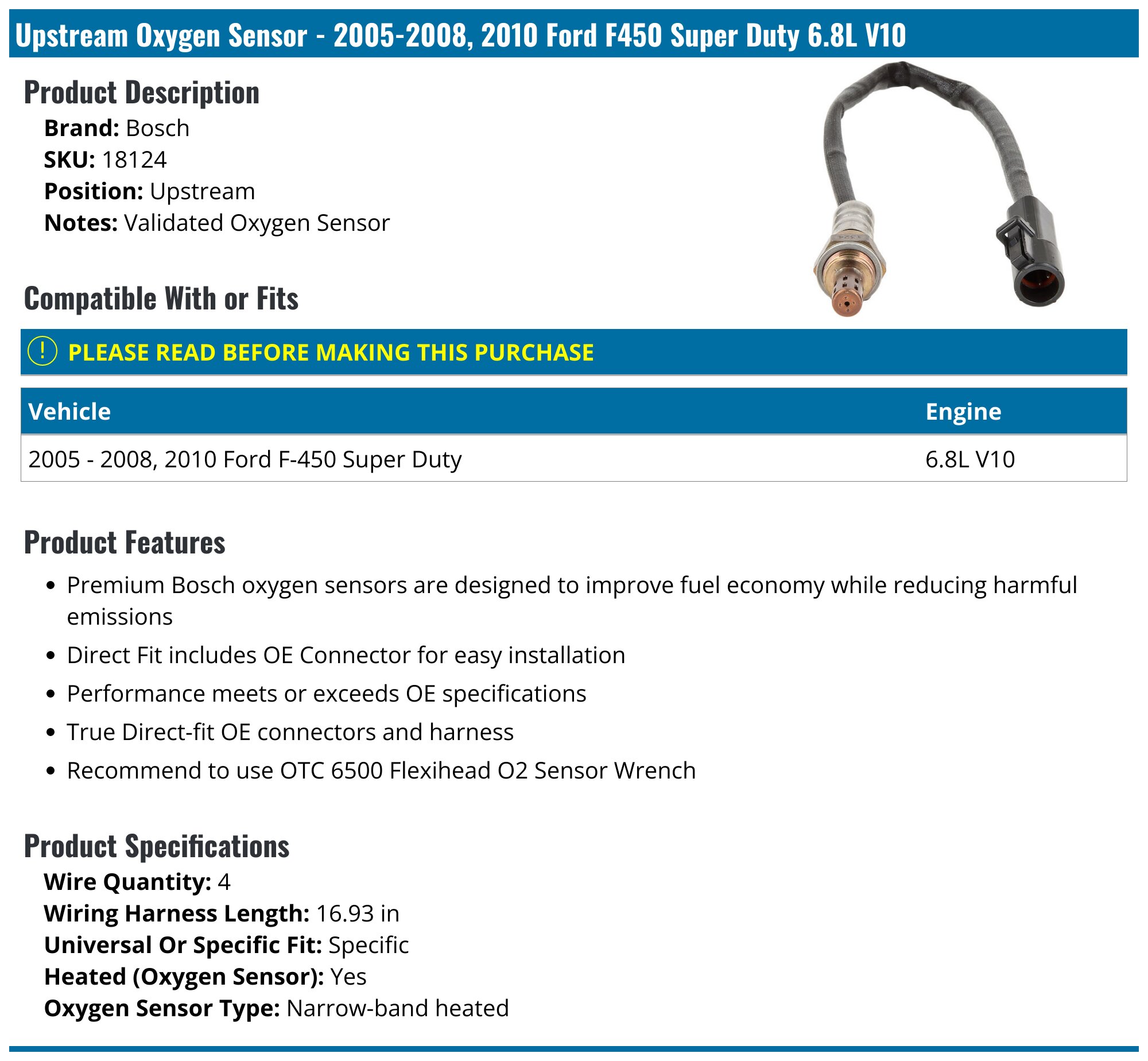 2005-2008, 2010 Ford F450 Super Duty Oxygen Sensor - Bosch 18124 ...