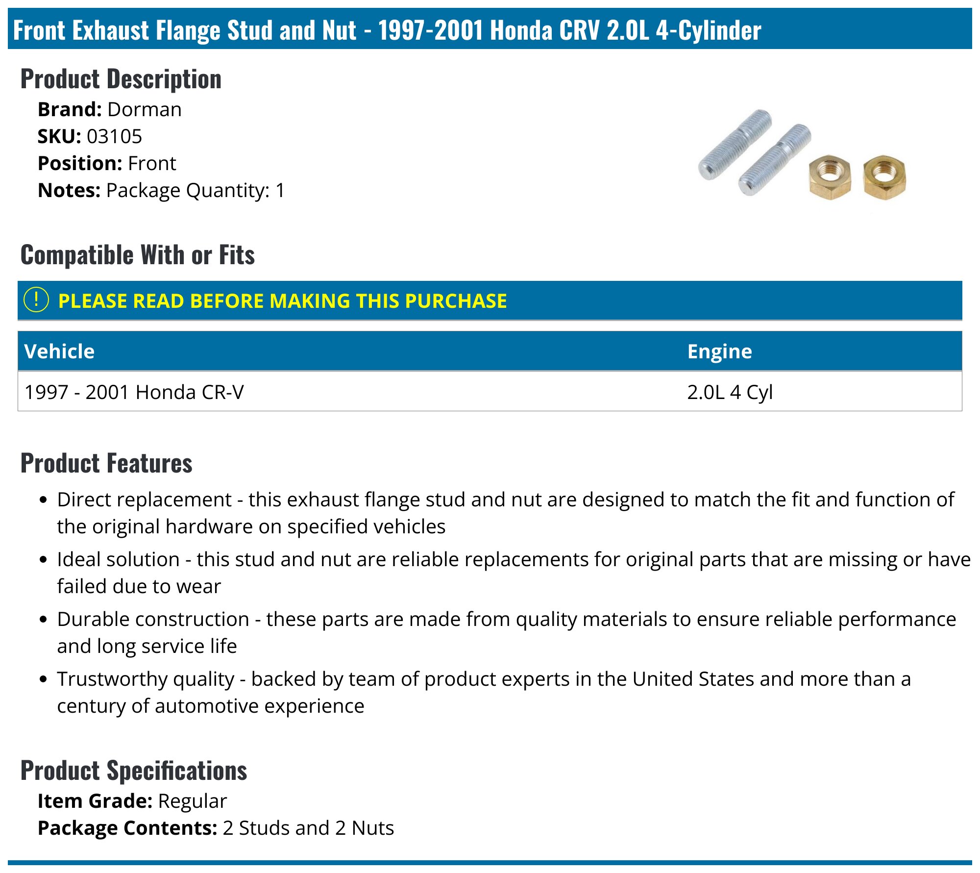 19972001 Honda CRV Exhaust Flange Stud and Nut Dorman 03105 Front