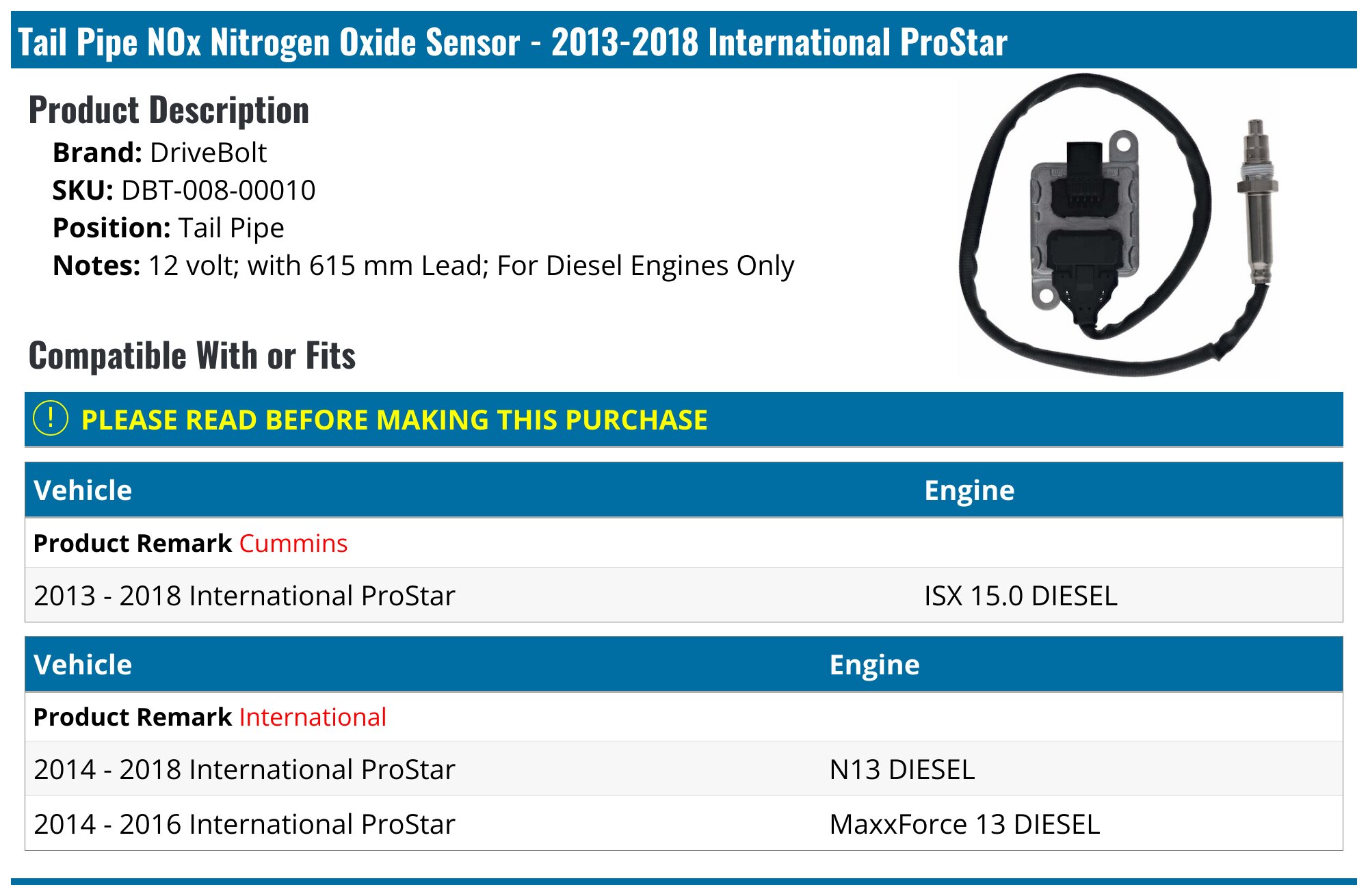 2013 2018 International ProStar Nitrogen Oxide Sensor DriveBolt DBT 2013-2018-international-prostar-nitrogen-oxide-sensor-drivebolt-dbt