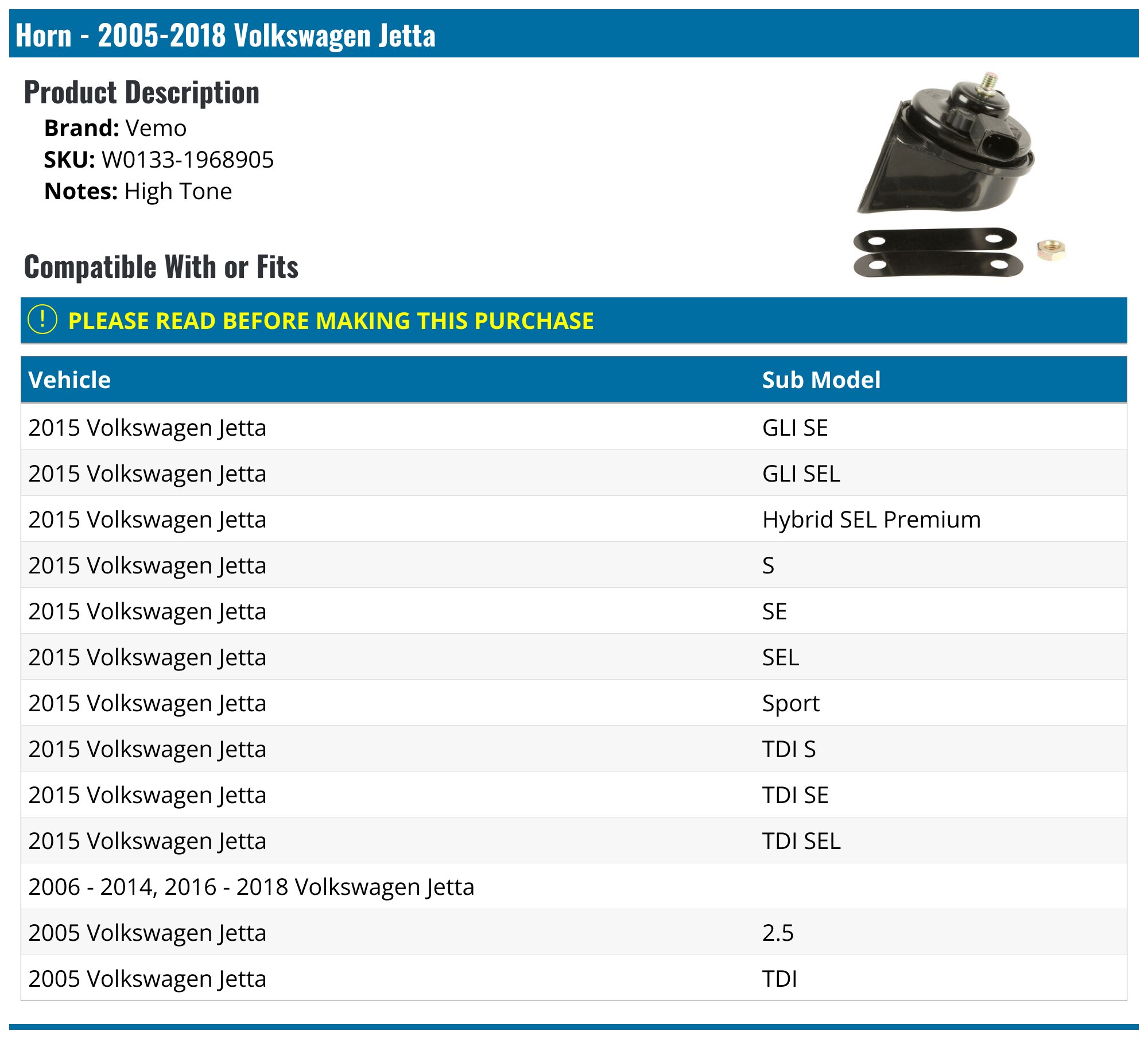 20052018 Volkswagen Jetta Horn Vemo W01331968905