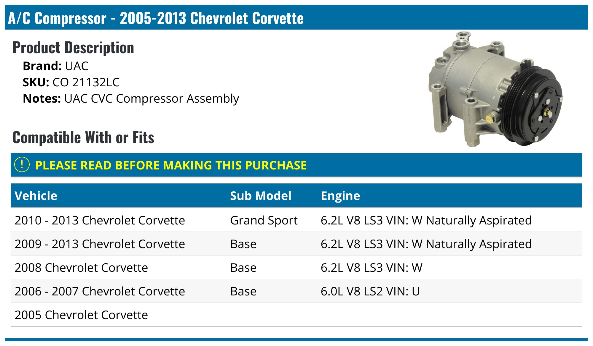 2005-2013 Chevrolet Corvette A/C Compressor - UAC CO 21132LC ...