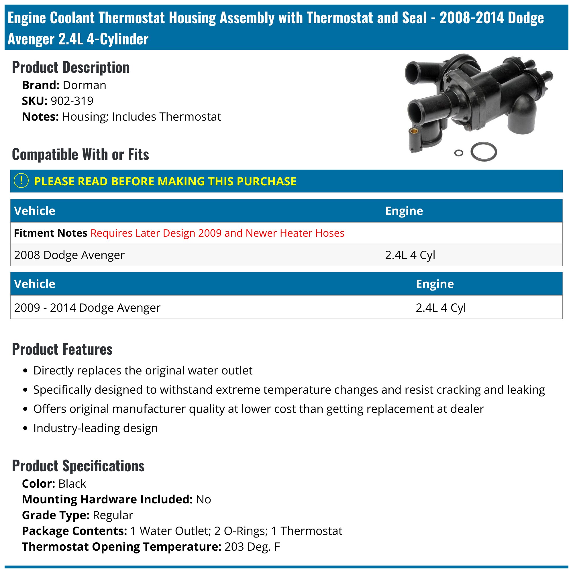 20082014 Dodge Avenger Thermostat Housing Dorman 902319