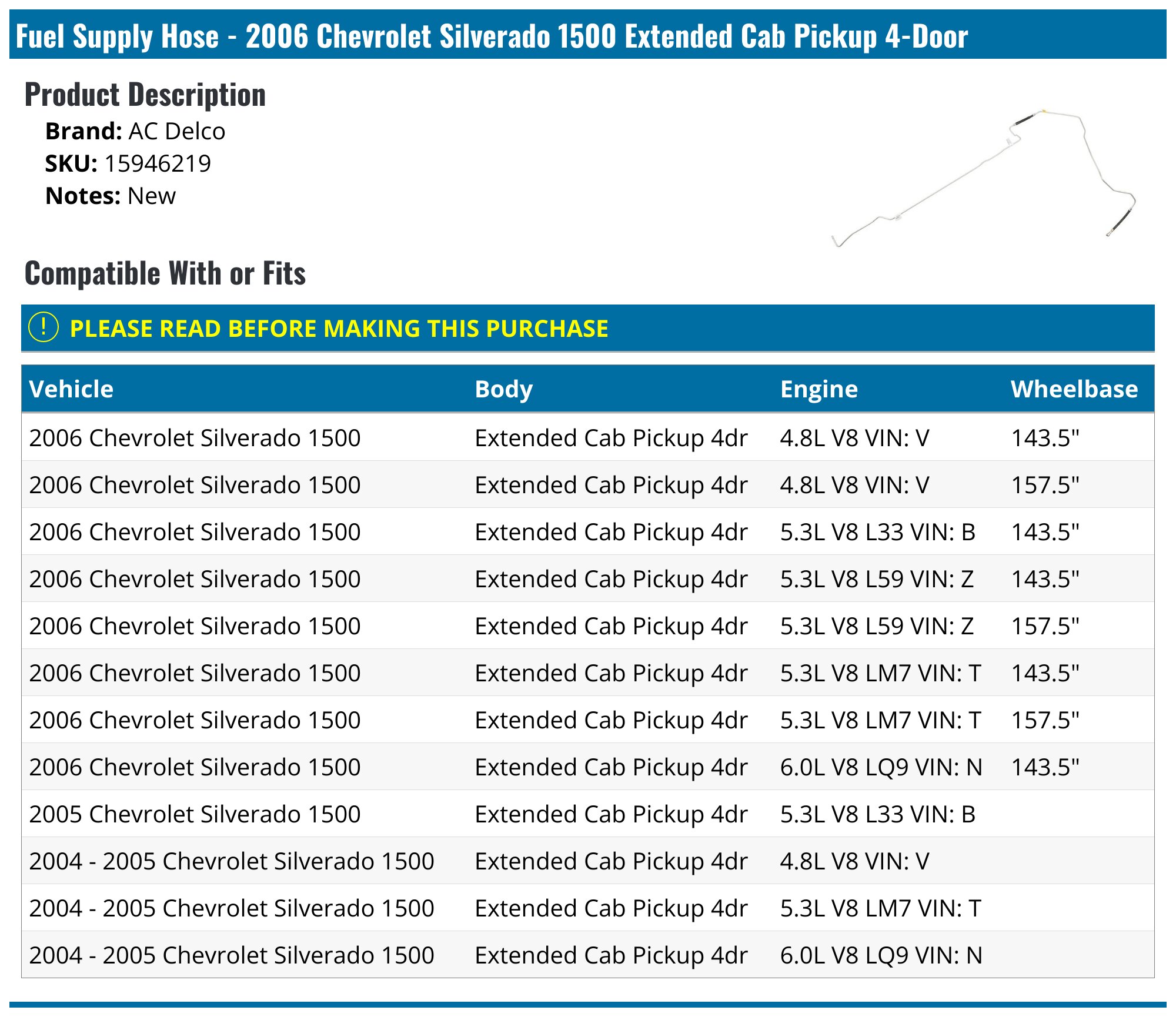 2004-2006 Chevrolet Silverado 1500 Fuel Supply Hose - AC Delco 15946219 ...