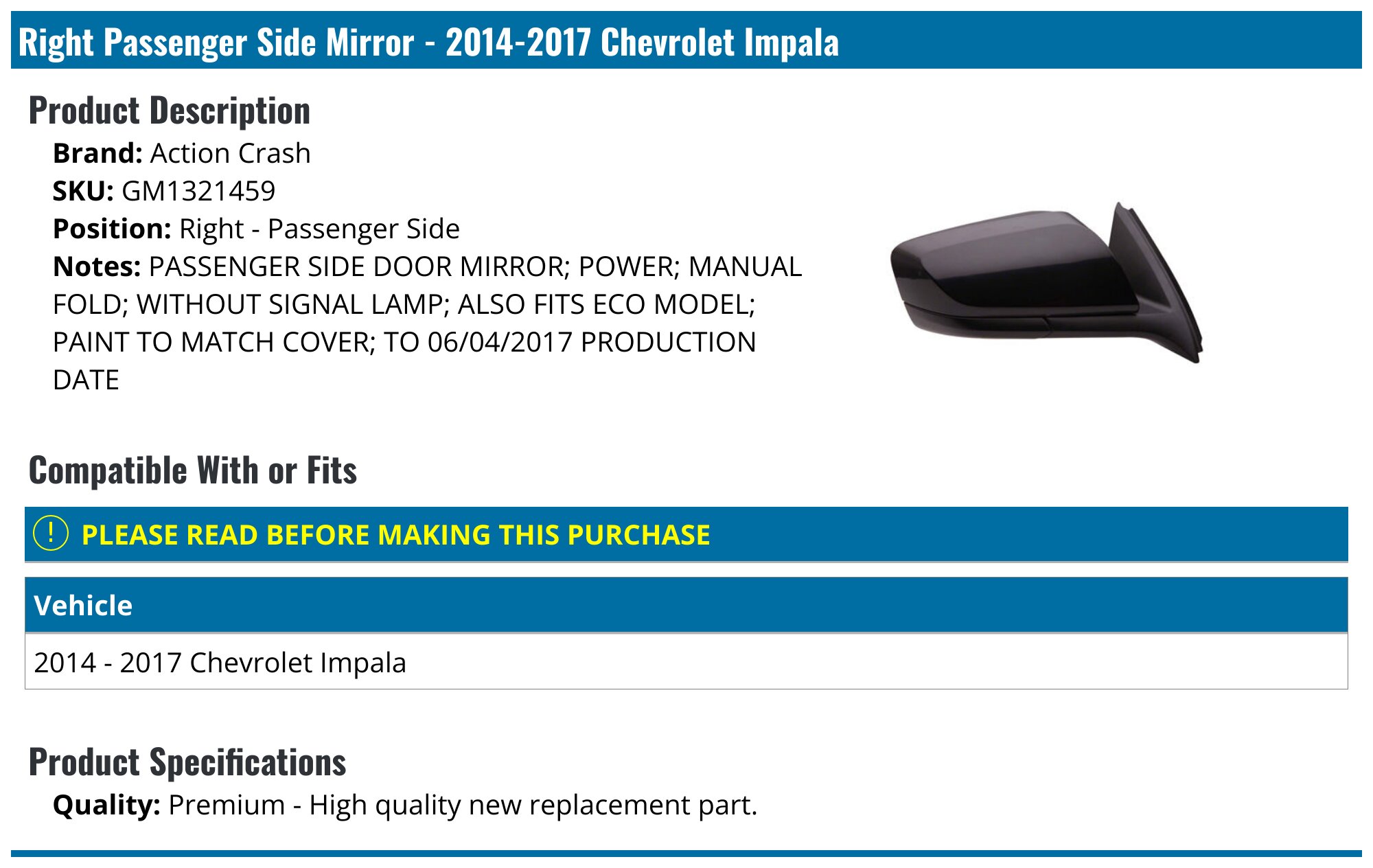 Right Power Mirror Assembly – Heated W/ Signal – 2014-2020 Chevrolet Impala – Chrome