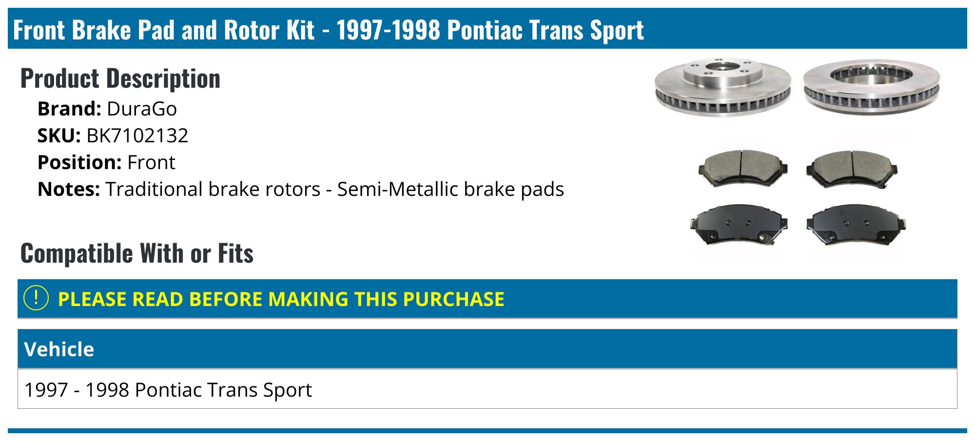 1997-1998 Pontiac Trans Sport Brake Rotor - DuraGo BK7102132