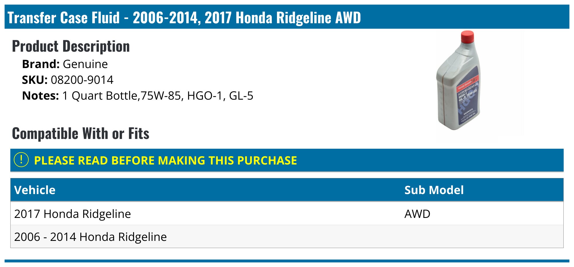 2006-2014, 2017 Honda Ridgeline Transfer Case Fluid - Genuine 08200 ...