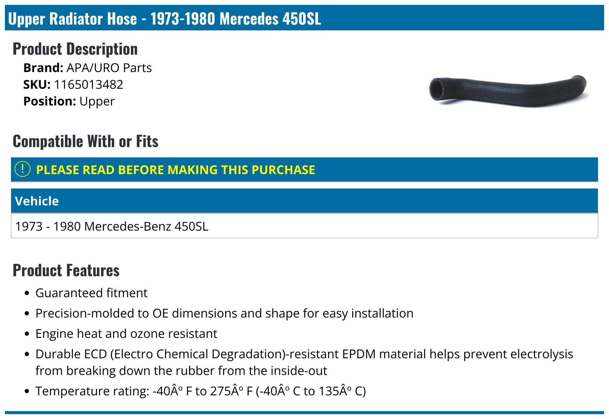 Mercedes 450SL Radiator Hose - Radiator Upper and Lower Hoses - APA/URO ...