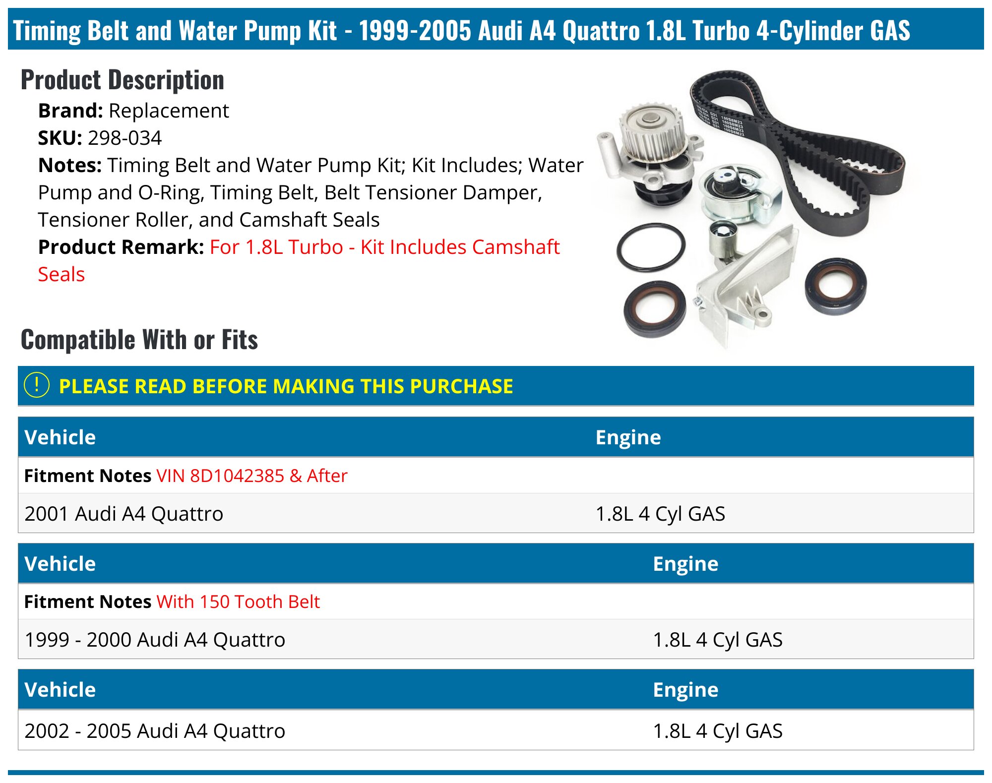 1999-2005 Audi A4 Quattro Timing Belt Replacement 298-034