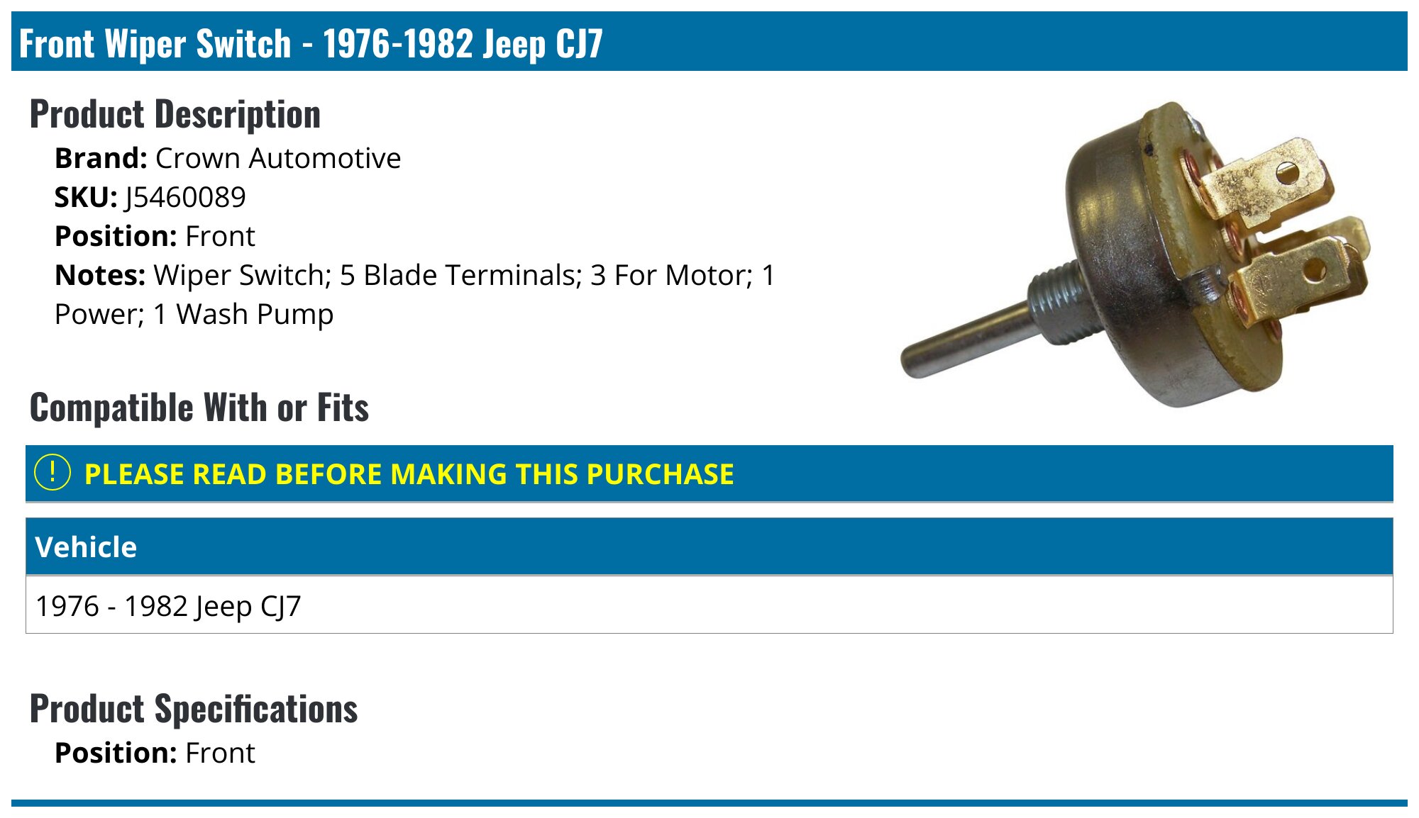 Crown Automotive Wiper Switch (without Intermittent) For 68-82 Jeep CJ5, CJ7, CJ8 – 5460089