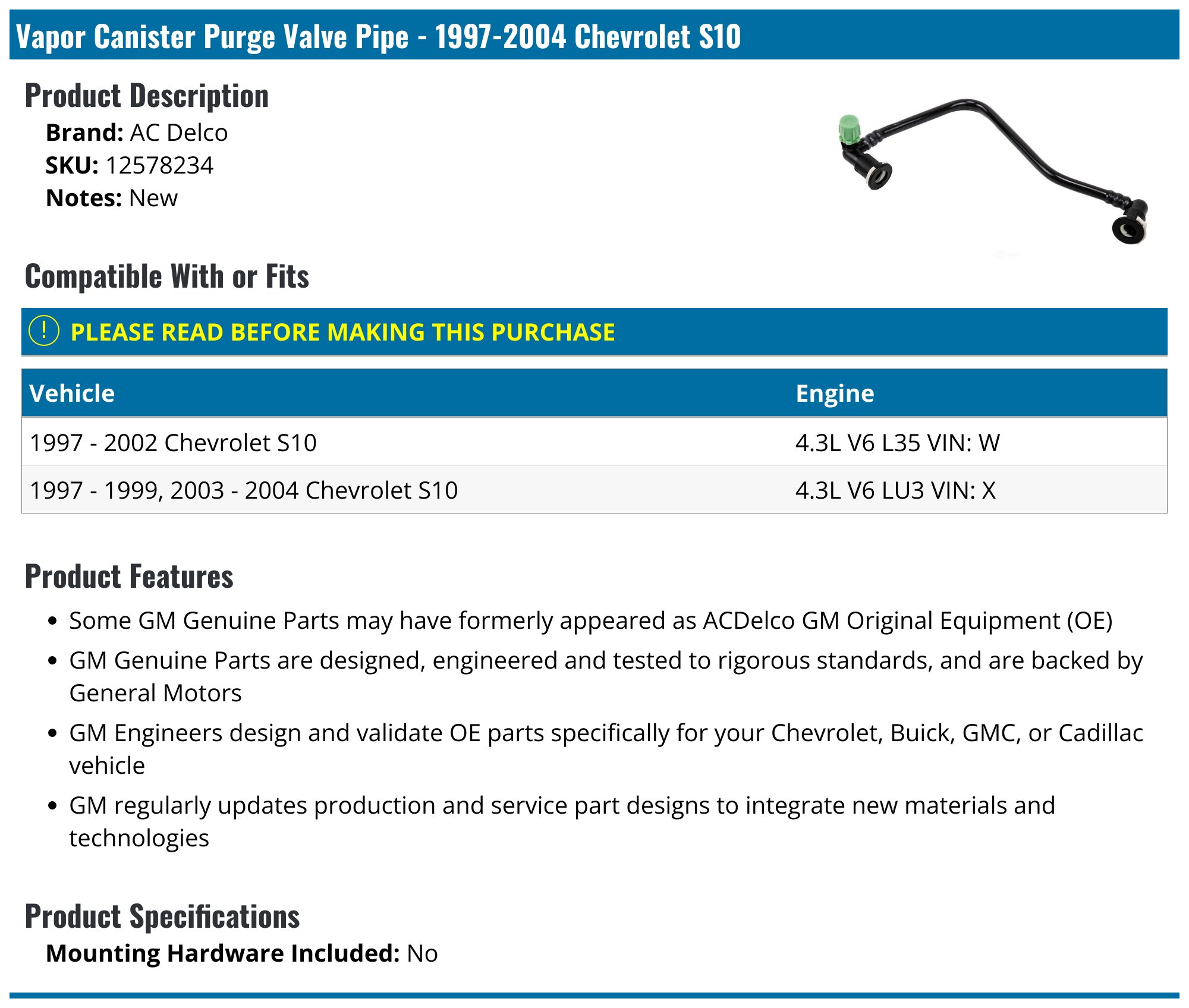19972004 Chevrolet S10 Vapor Canister Purge Valve Pipe AC Delco