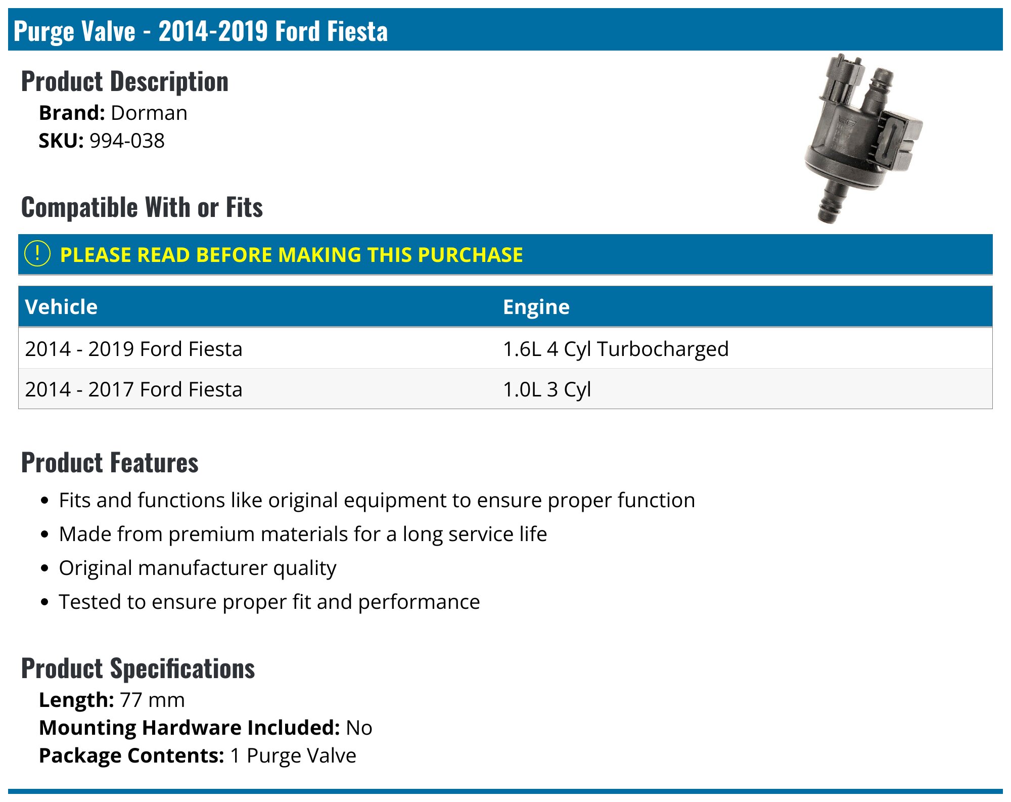 20142019 Ford Fiesta Purge Valve Dorman 994038