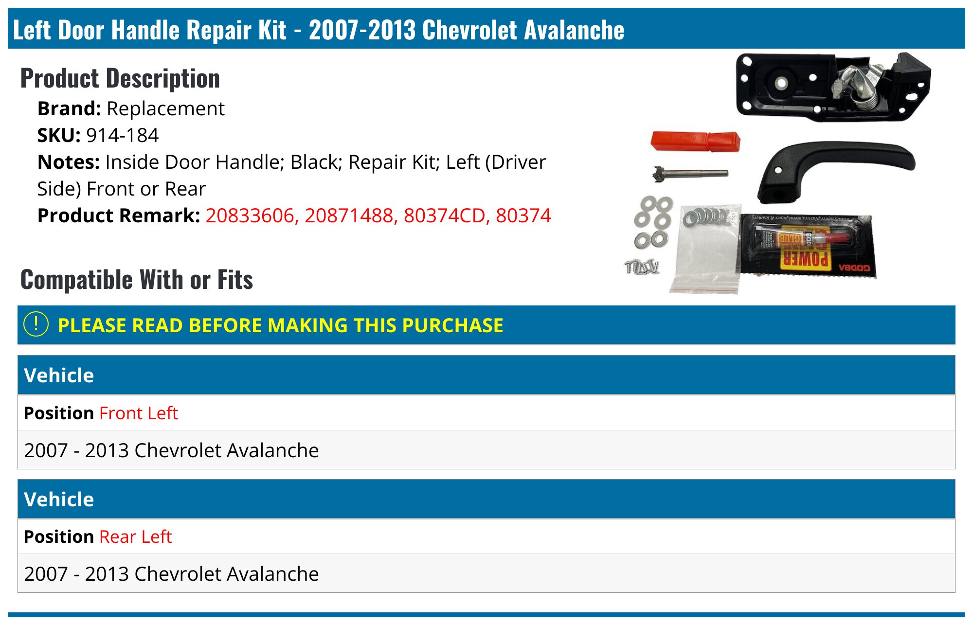 Chrome Mirror & 4-Door Handle Set For 07-14 Chevy Avalanche – No PSG Keyhole, Includes Gas Cover