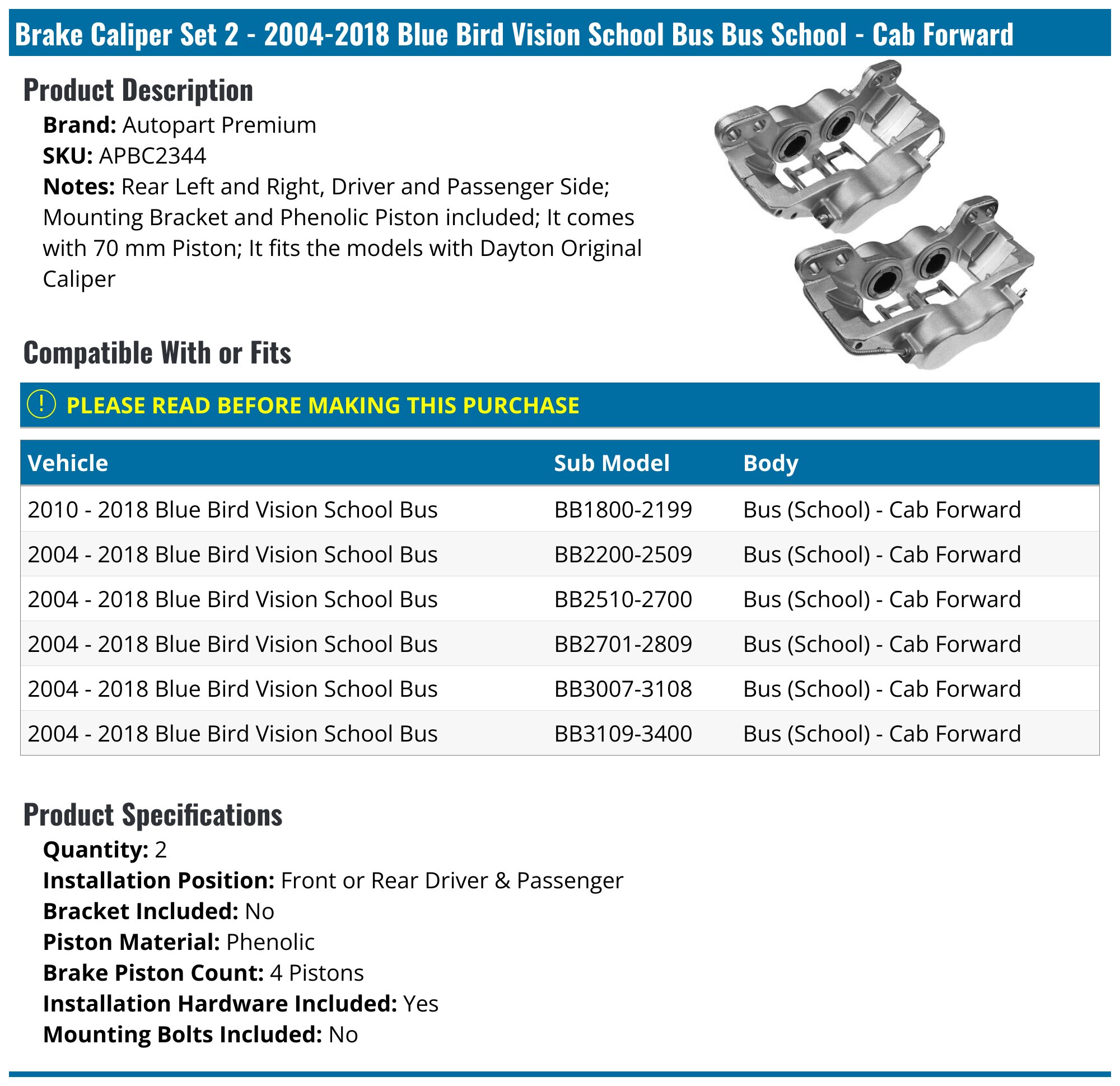 2004-2018 Blue Bird Vision School Bus Brake Caliper - Autopart Premium ...