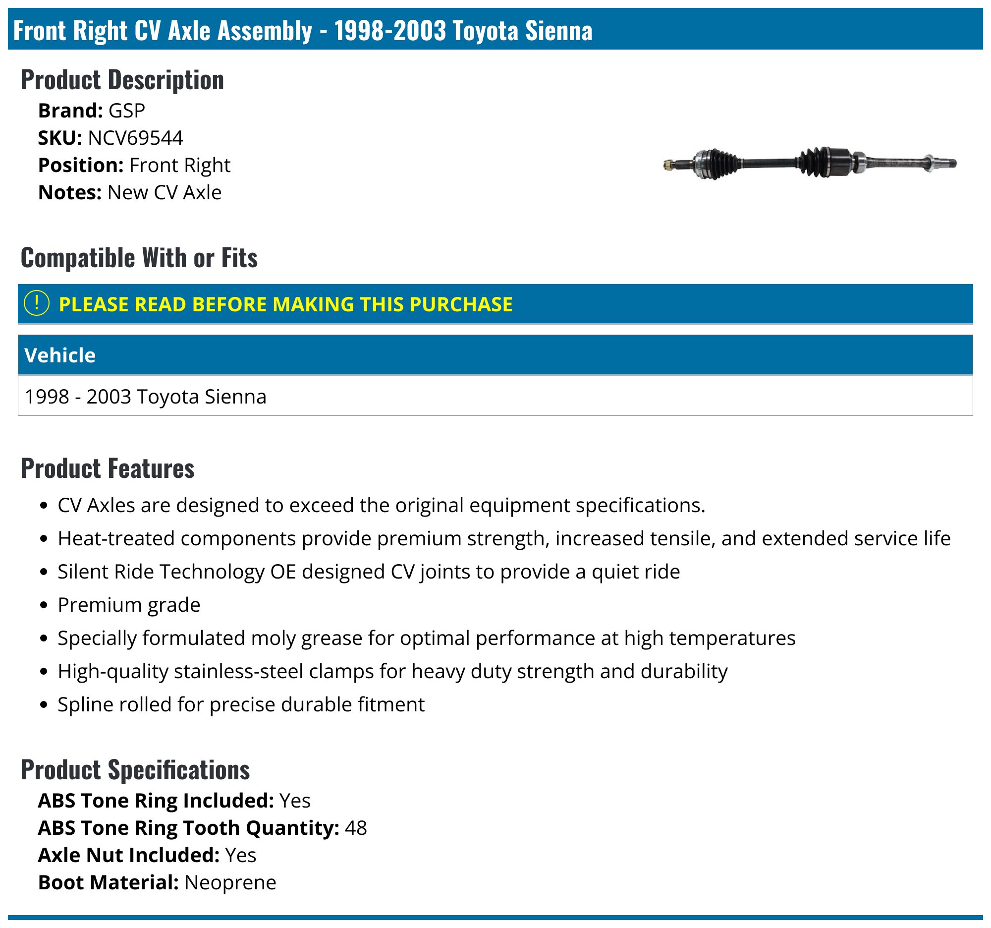 Front Left Axle Assembly - 1998-2003 Toyota Sienna 3.0L V6 - Autopart Premium 8128-02125624