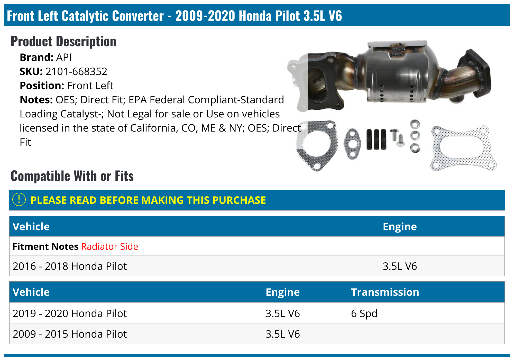 20092020 Honda Pilot Catalytic Converter API 2998207894153 Front