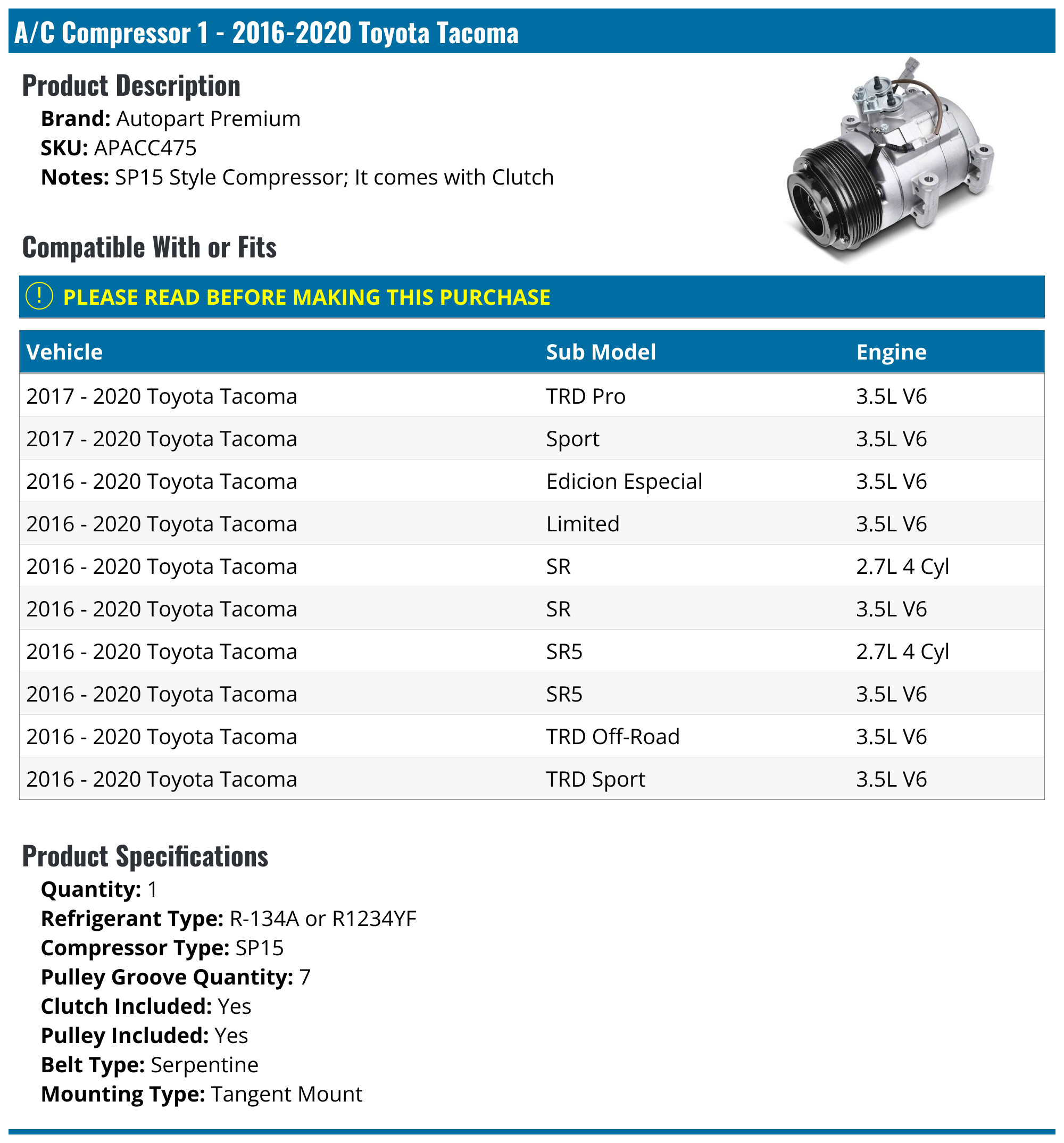 2016-2020 Toyota Tacoma A/C Compressor - Autopart Premium APACC475 ...