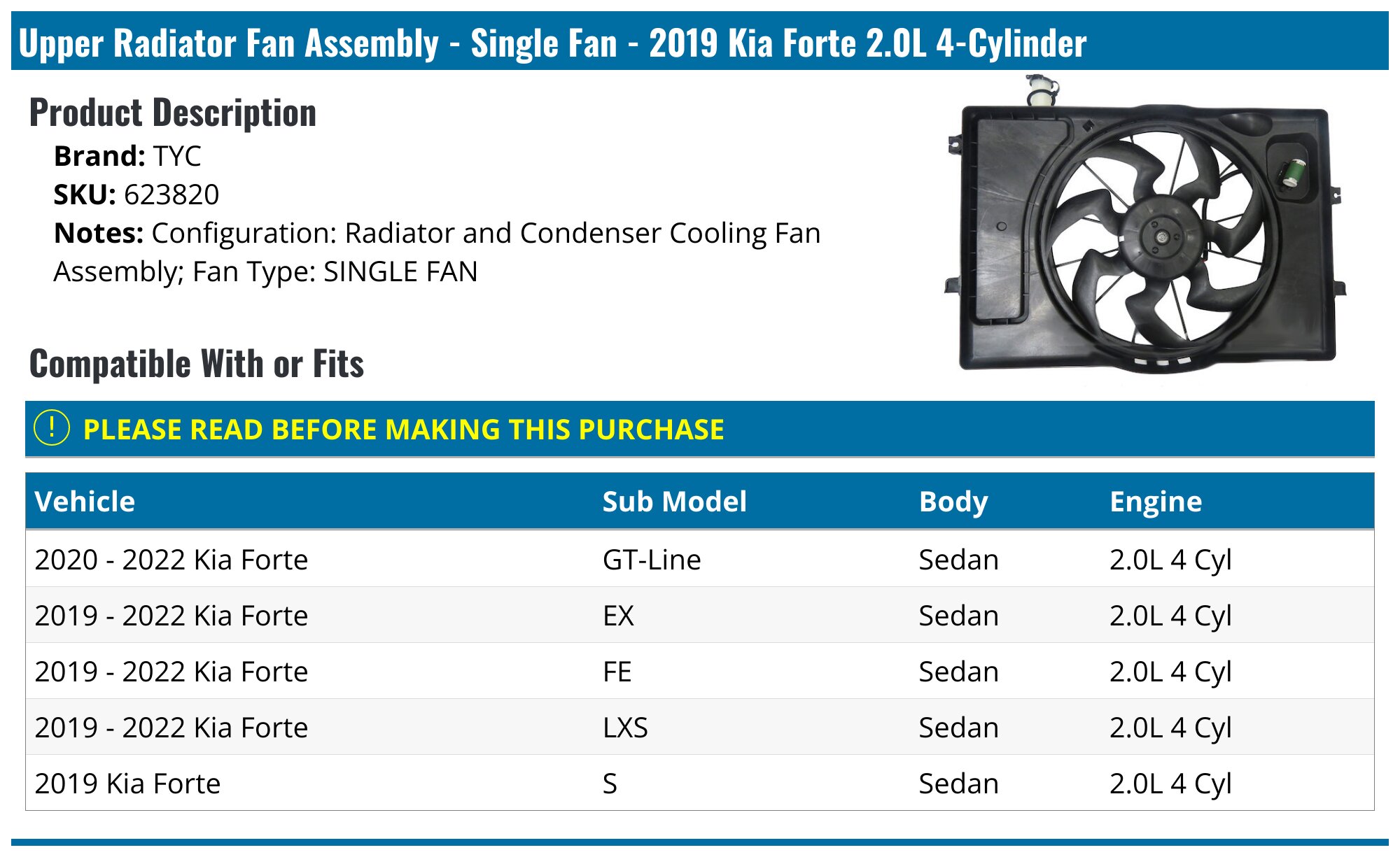 2019-2022 Kia Forte Radiator Fan Assembly - TYC 623820 - PartsGeek.com