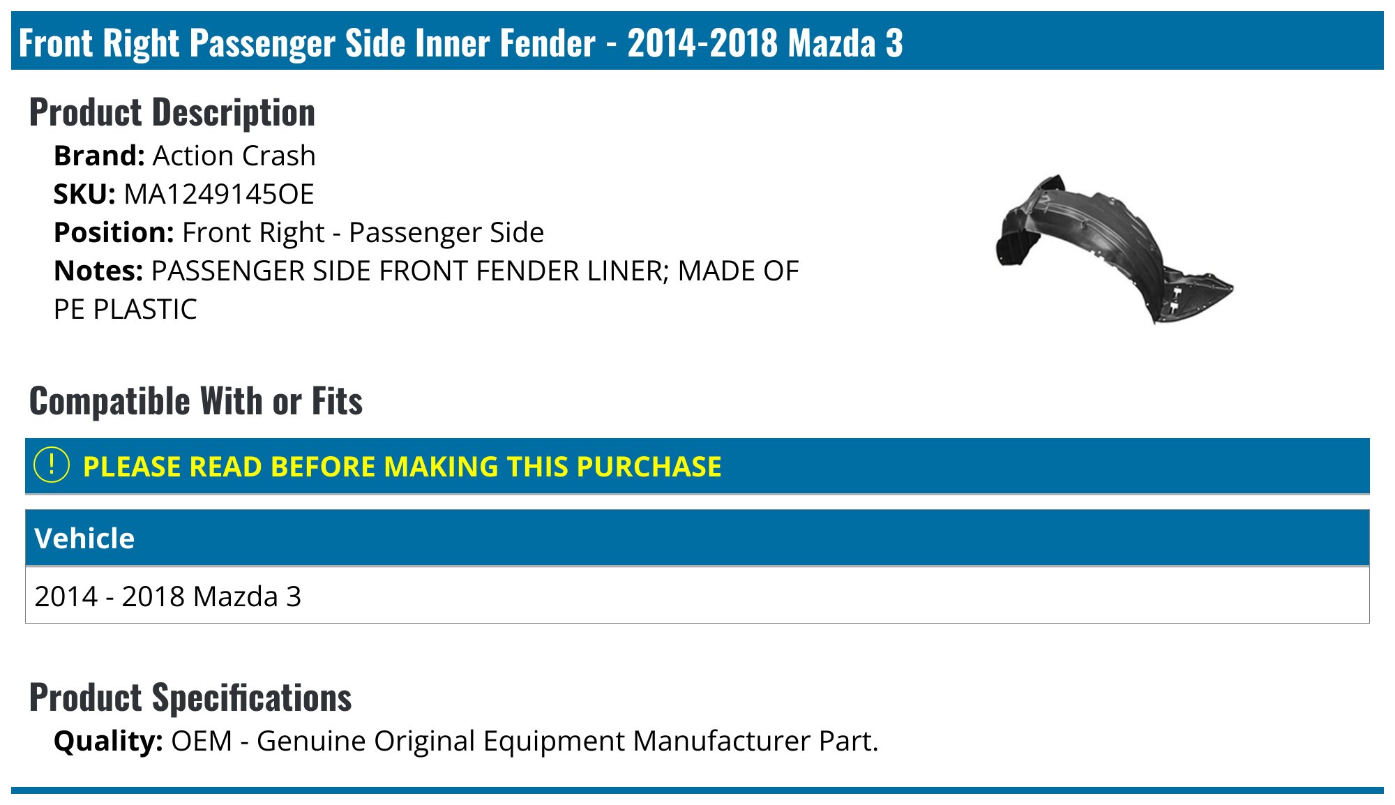 Front Right Inner Fender Liner For 2014-2018 Mazda 3 - AM Autoparts MA1249145