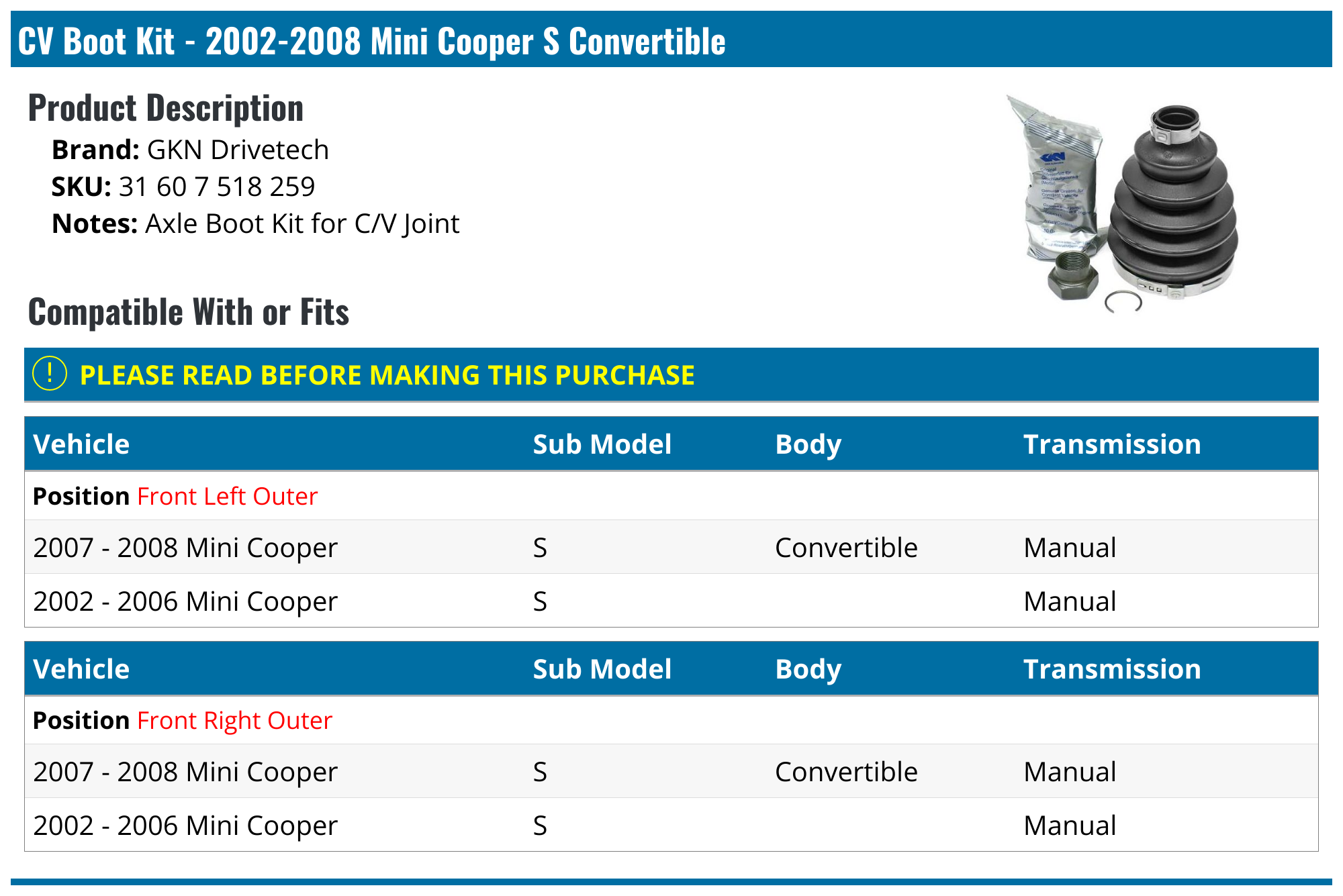 20022008 Mini Cooper CV Boot GKN Drivetech 31 60 7 518 259 Front