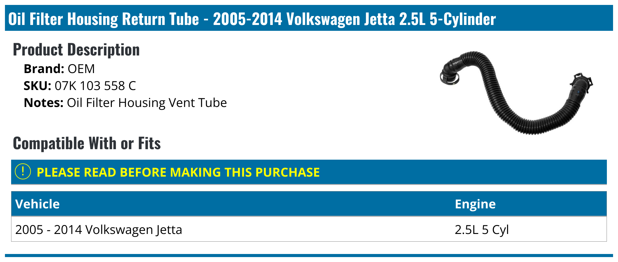 20052014 Volkswagen Jetta Oil Filter Housing Return Tube OEM 07K 103