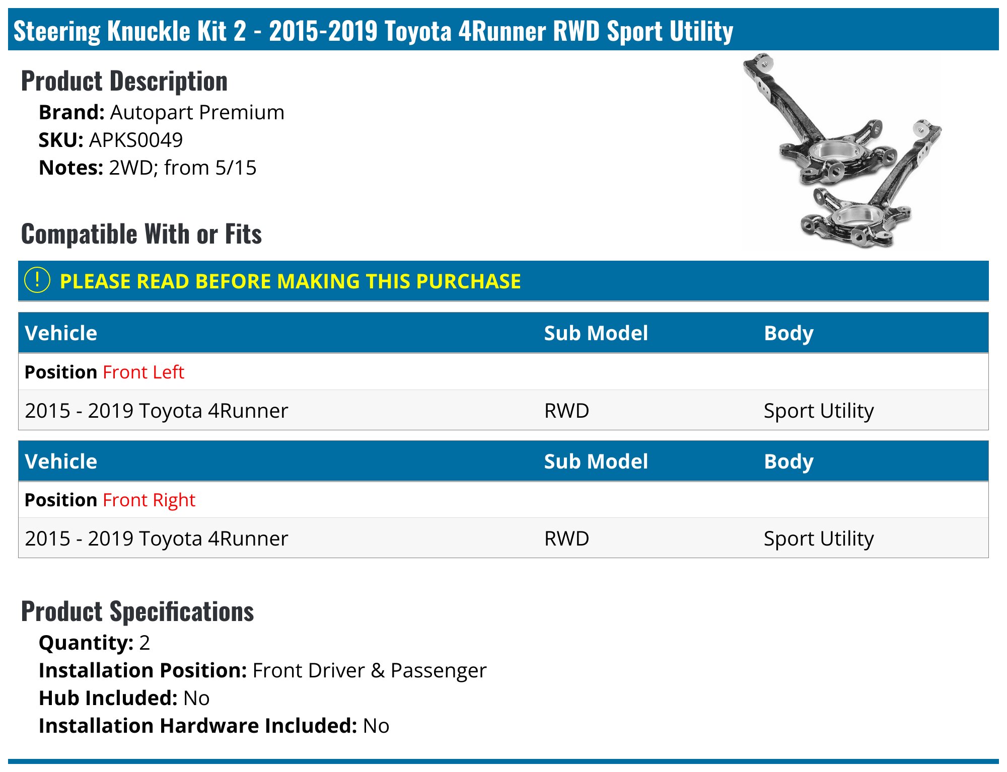 Front Right Steering Knuckle For 2016-18 Lexus GX460 ＆ 2015-19 Toyota 4Runner