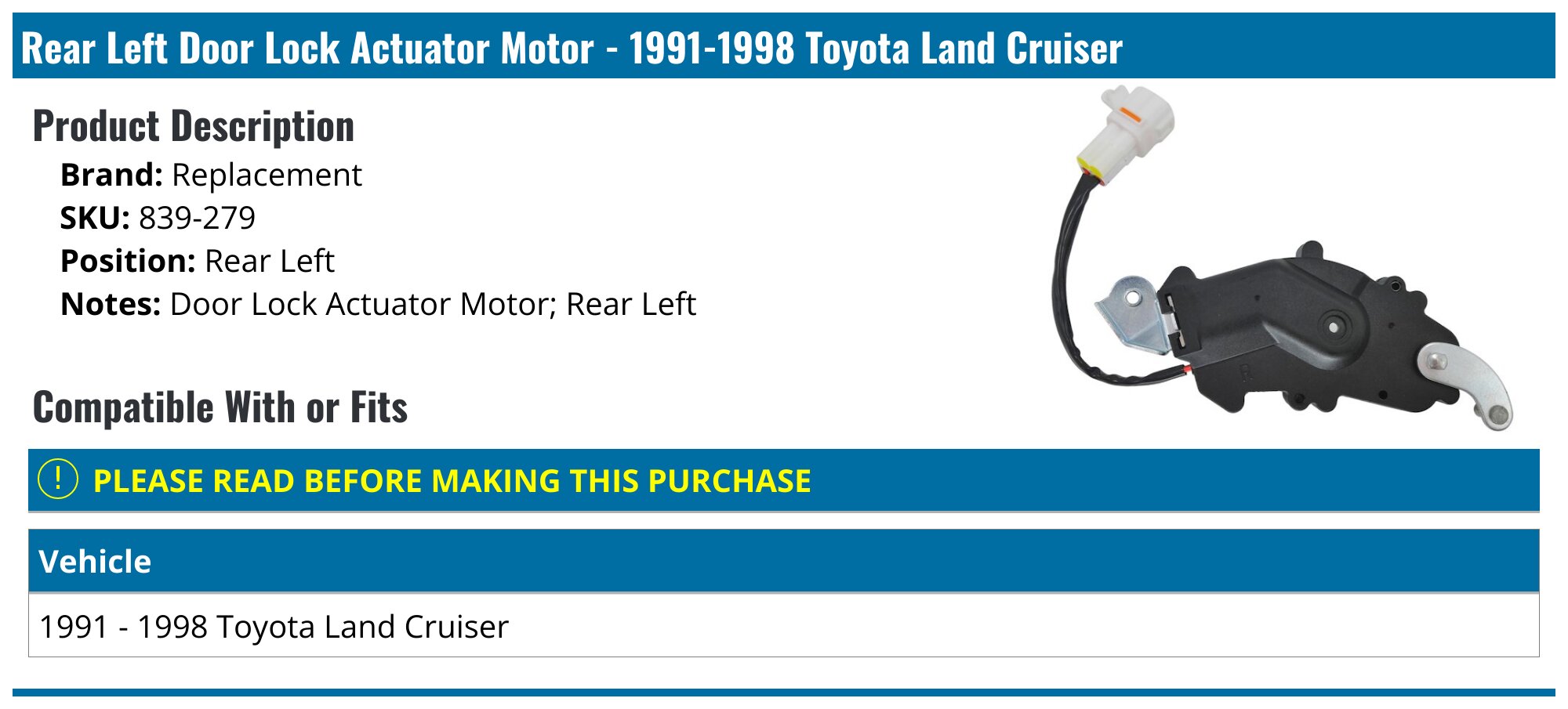 1991-1998 Toyota Land Cruiser Door Lock Actuator - Replacement 839