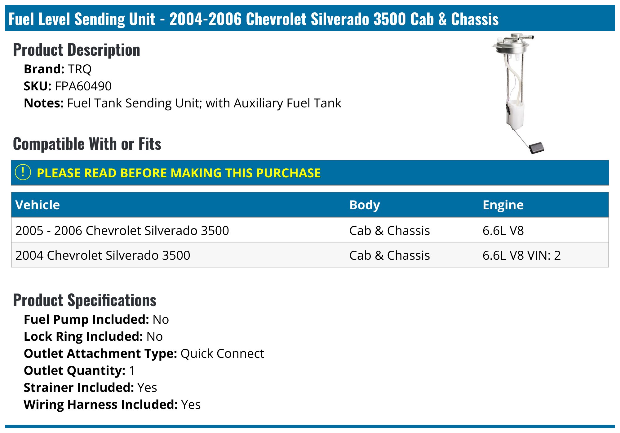 1965 Chevrolet Chevelle/Malibu GAS TANK SENDING UNIT - 1 LINE (5/16