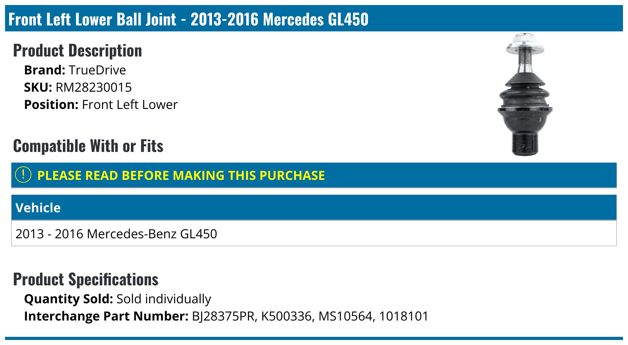 2013-2016 Mercedes GL450 Ball Joint - TrueDrive RM28230015 - Front Left ...