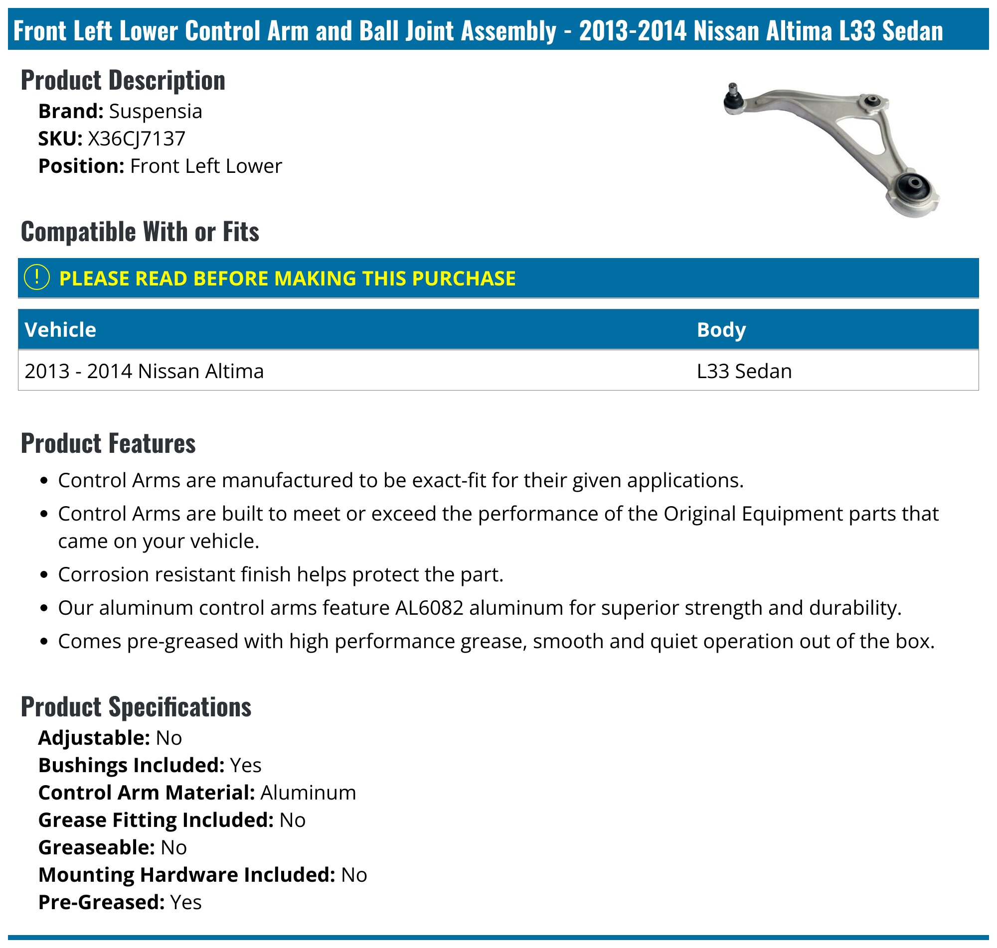 Pair Front Lower Control Arms w/ Ball Joints for 2013 2014 Nissan Altima Sedan
