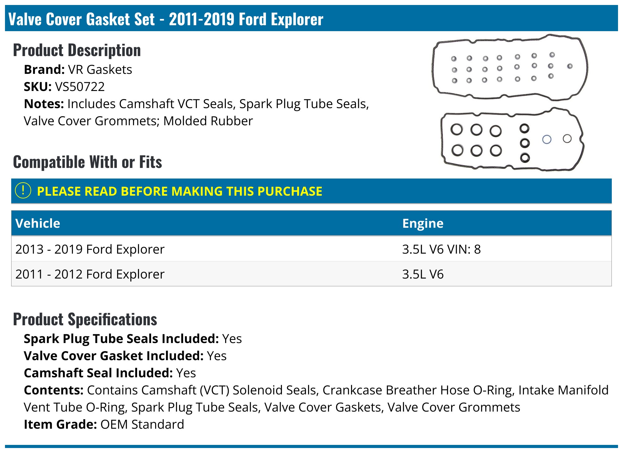 Upper Intake Plenum Gasket For Ford Explorer 2011-2019 | 3.5L 3.7L | Replacement 47147FD