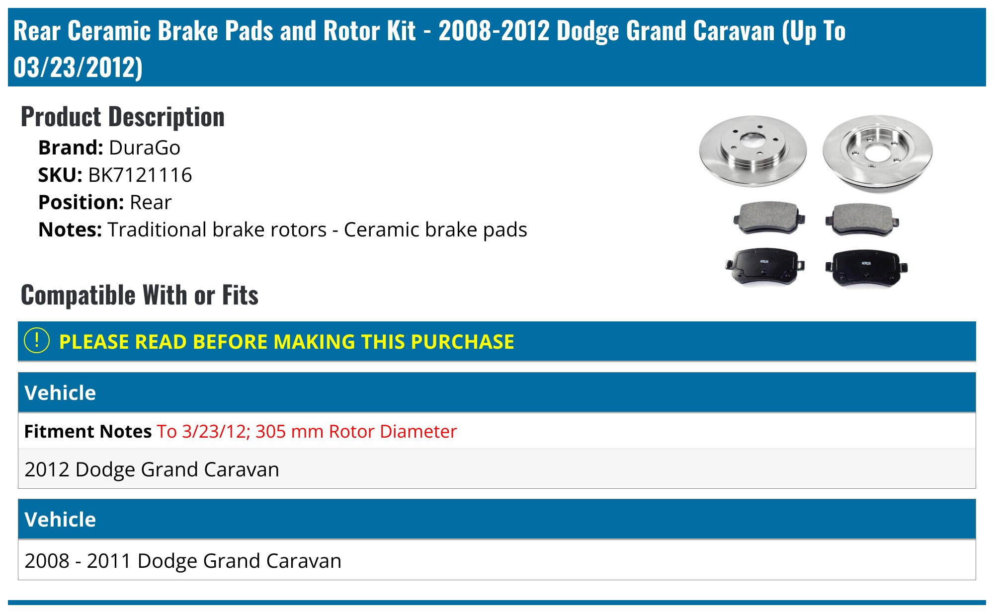 Rear Ceramic Brake Pad Kit For Dodge Grand Caravan & Chrysler Town & Country (2012-2016, 3.6L)