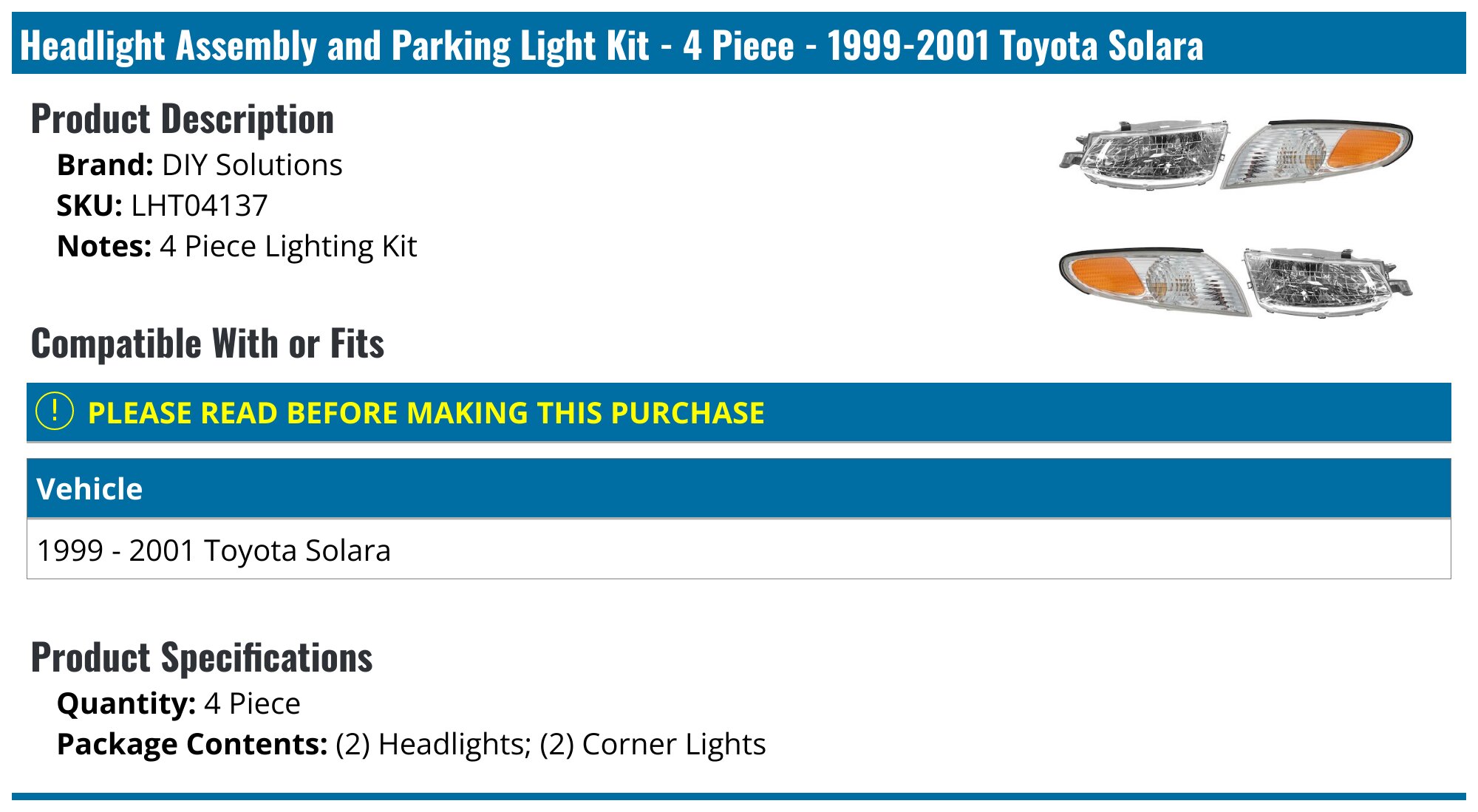 19992001 Toyota Solara Headlight Assembly DIY Solutions LHT04137
