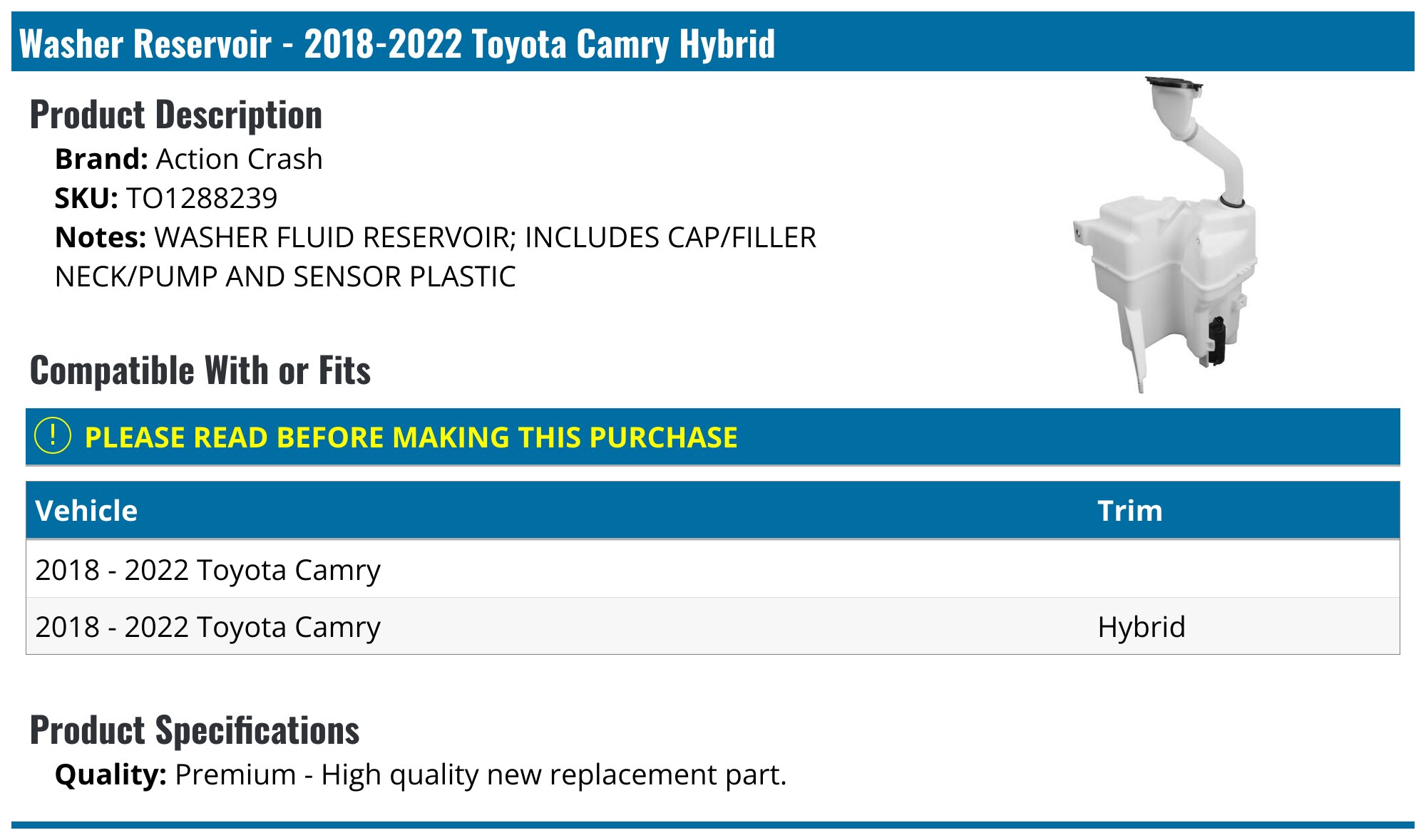 Genuine 98620-3K100 Windshield Washer Reservoir Assembly for Hyundai