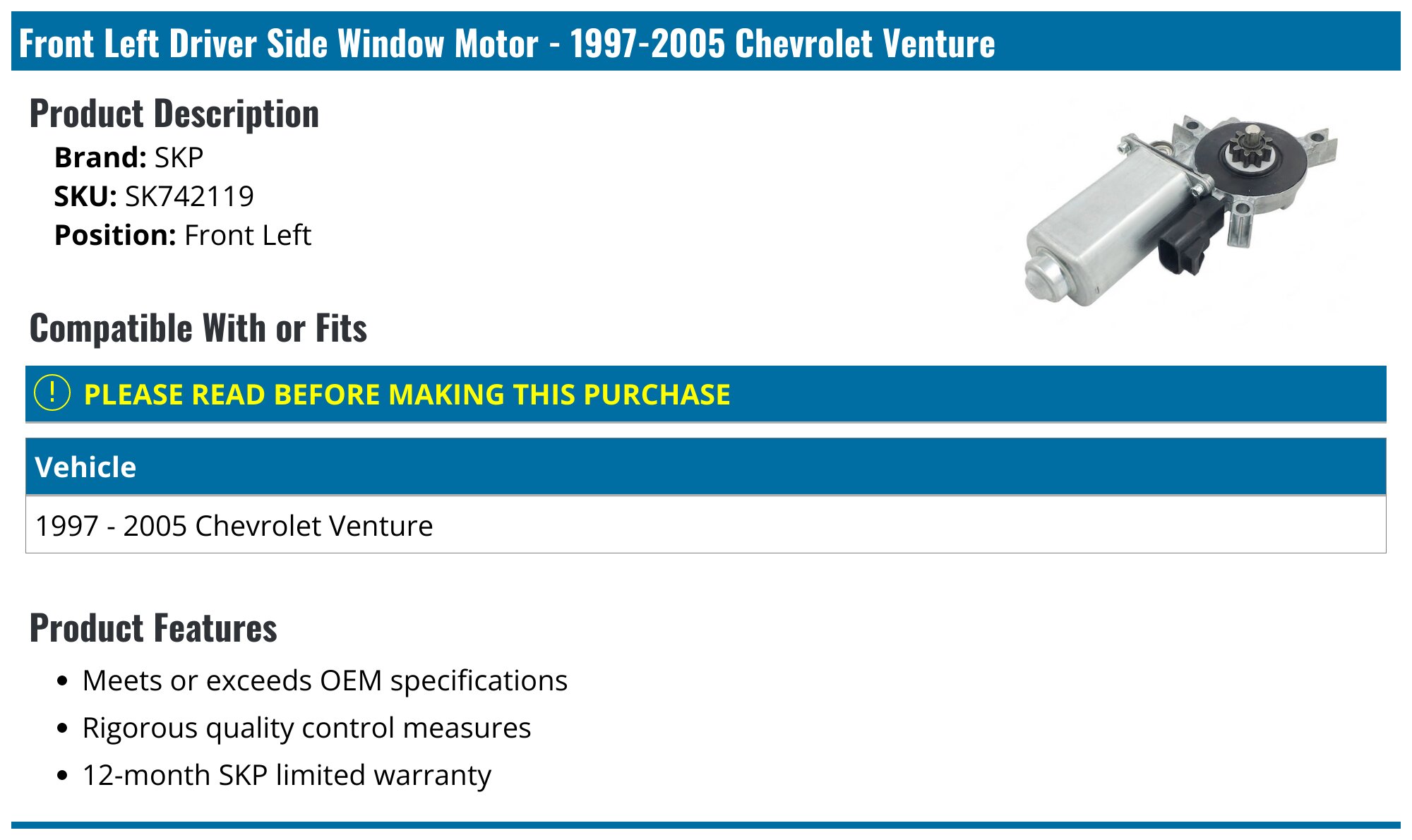 Driver/Left Front Door Window Glass For 97-05 Chevy Venture/97-04 Silhouette Van