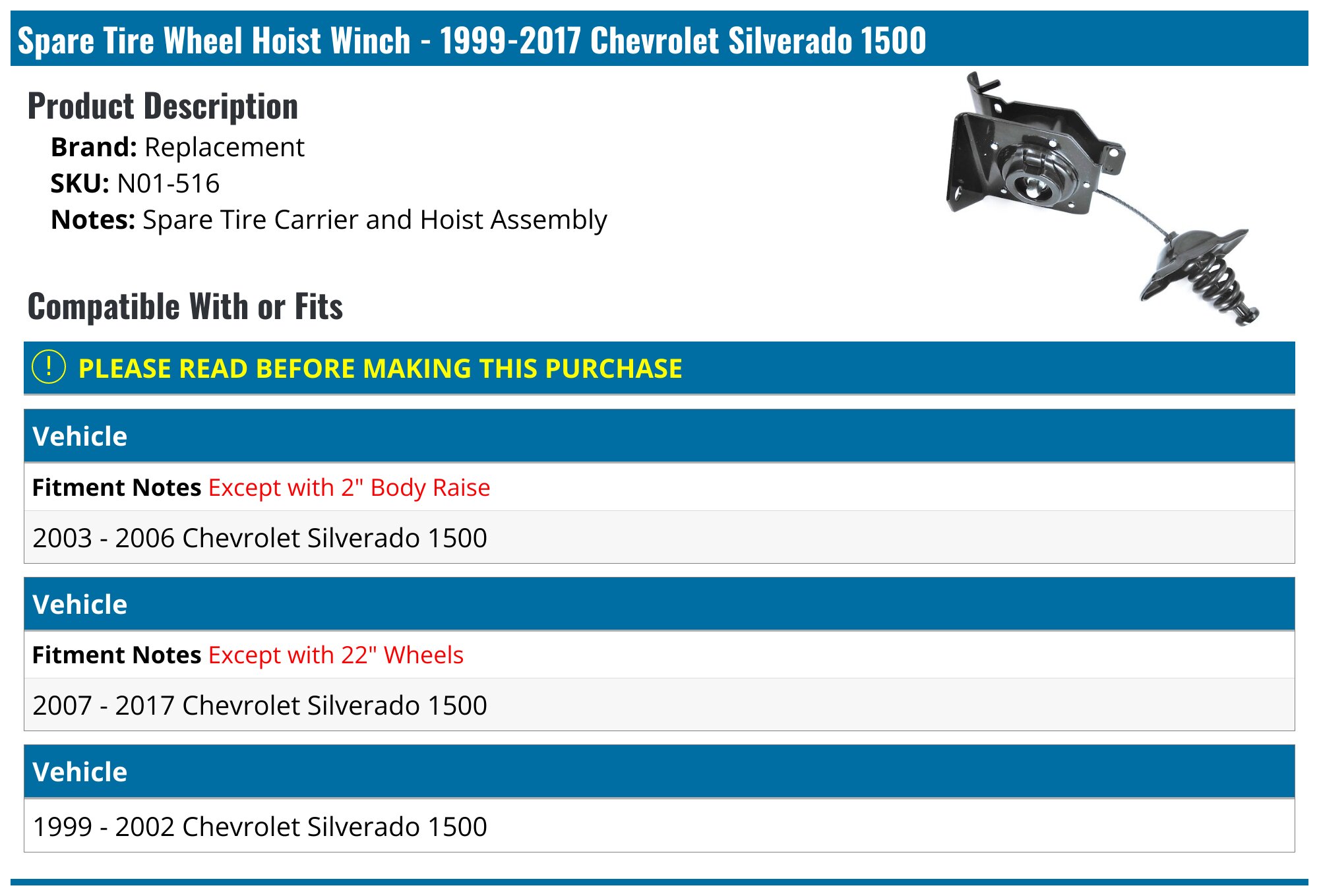 OE 924-529 MAYASAF Spare Tire Hoist Winch - Replacement For Toyota Tundra 2000-2006 - Part #924-529 Spare Tire Carrier